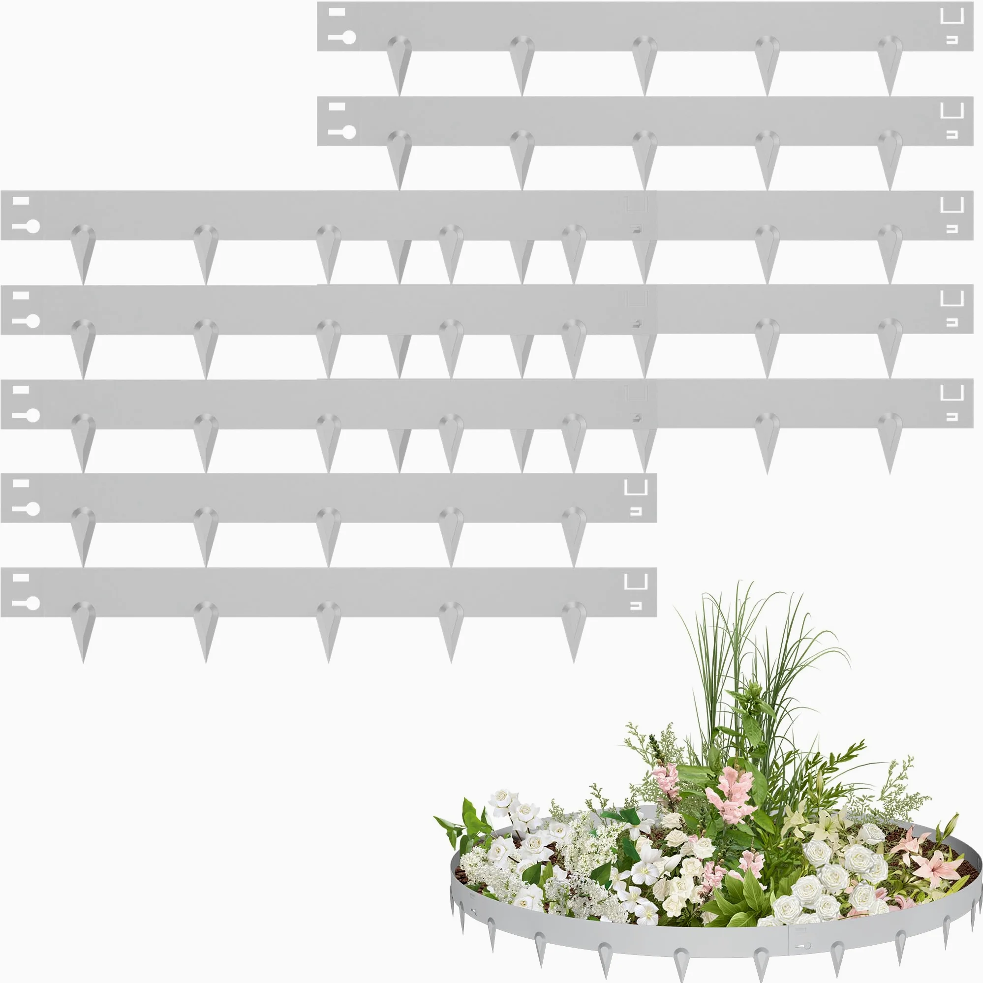 Lot de 10 bordures de pelouse, 16 cm de haut, en acier galvanisé, avec pointes, 106 cm, en métal pour chemins, pelouses, argentées