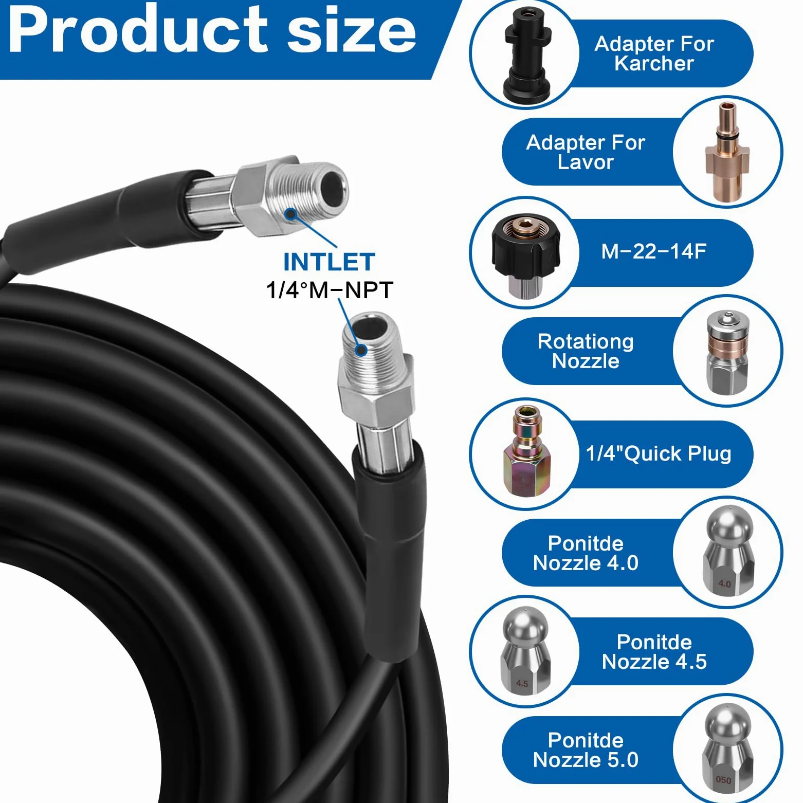 15M Tuyau Nettoyeur Haute Pression, Tuyau de Nettoyage de Canalisation, Tuyau de Rechange Haute Pression Compatible avec Karcher K2-K7, Inclut Adaptateurs, Buses, Sac et Ruban PTFE, 400 Bar 140°F