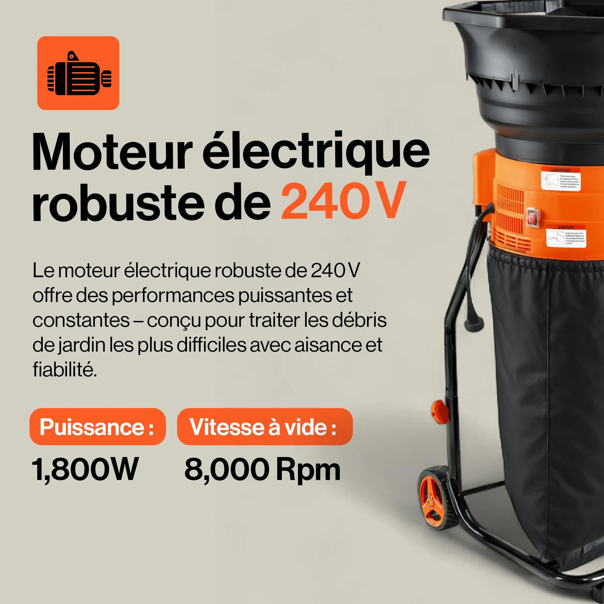 SuperHandy Mulcher & Broyeur sans lame pour feuilles de jardin, 1800 W | 8000 tr/min; Entonnoir 50 cm, réduction 16:1; léger, seulement 8,5 kg, pour broyer efficacement les feuilles