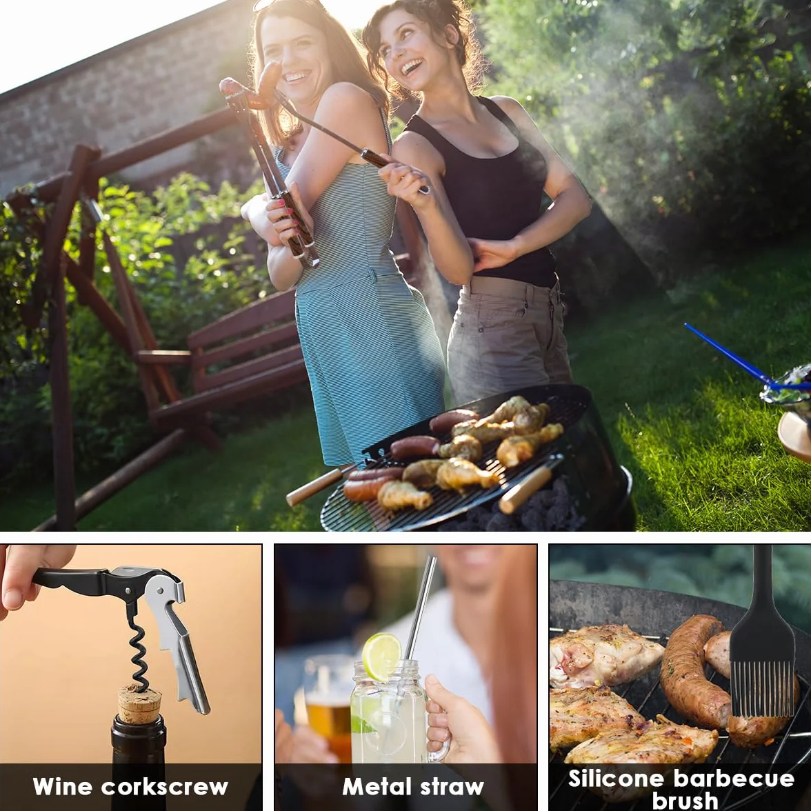 Kit Barbecue Ustensiles 38 Pièces Inoxydable avec Sac Noir