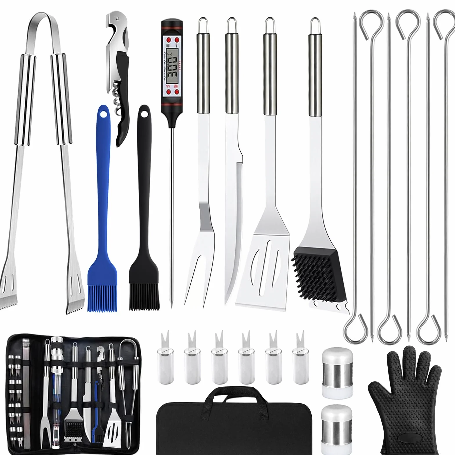Set de Barbecue en Acier Inoxydable 27 Pièces, Ustensiles de Grillade Professionnels avec Sac de Rangement