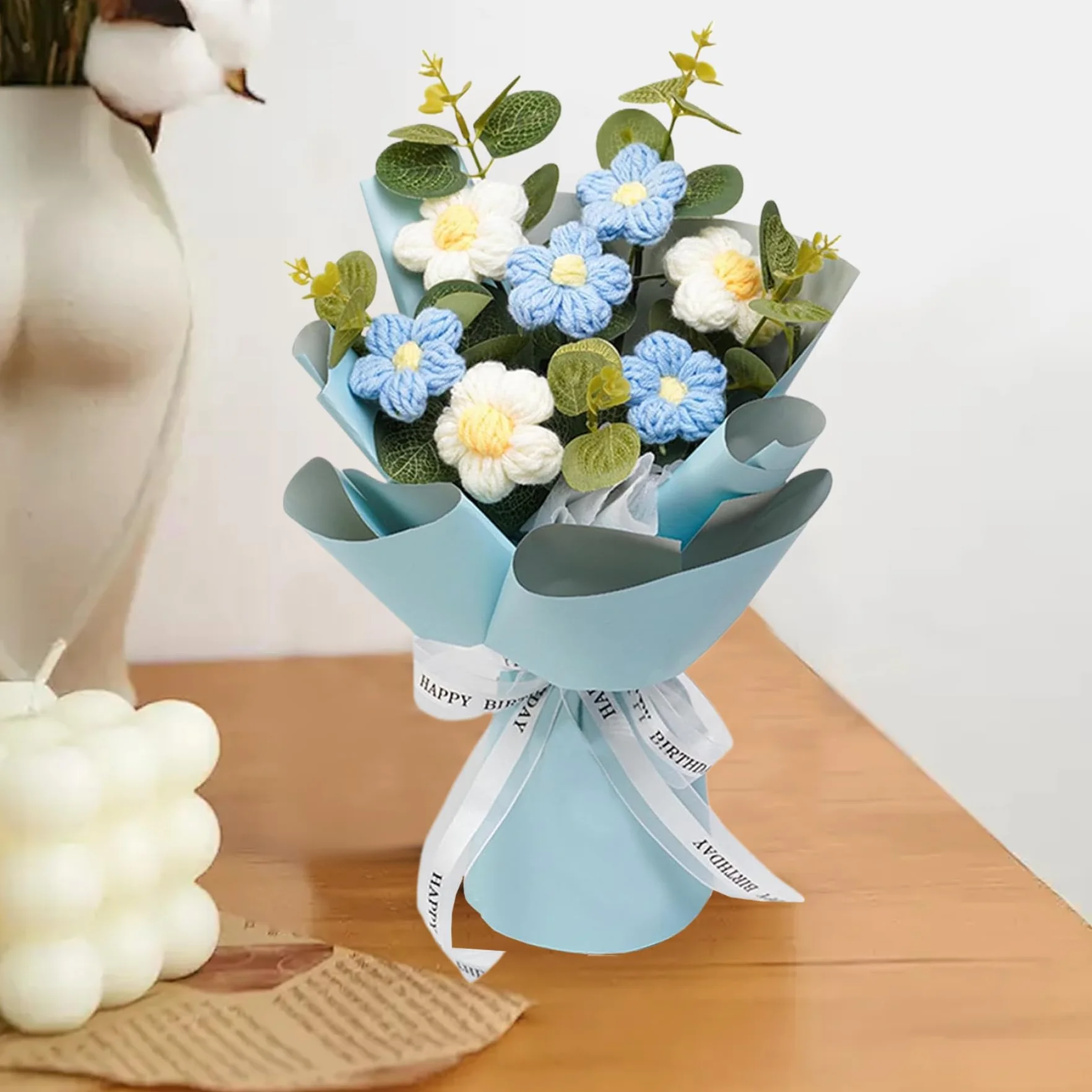 Bouquet de Fleurs au Crochet Bleu 9x13 - Fleurs Artificielles Décoration Intérieure