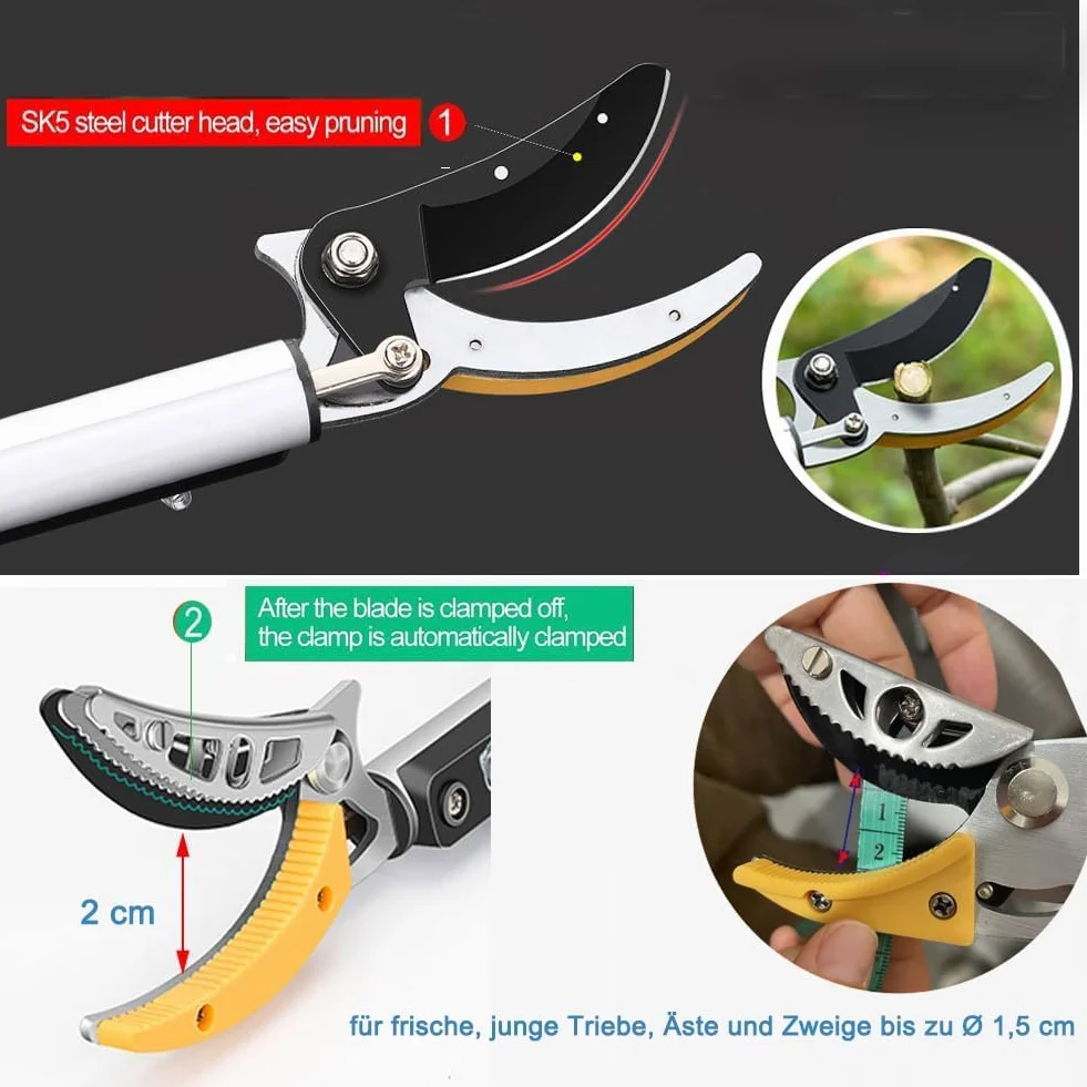 Sécateur Télescopique 3 m, Secateur avec Long Manche Telescopique sur Tringle Fruits étang Perche Échenilloir Girafe d'arbre en Alliage d'aluminium Léger et Solide Coupe-Branches 15 mm