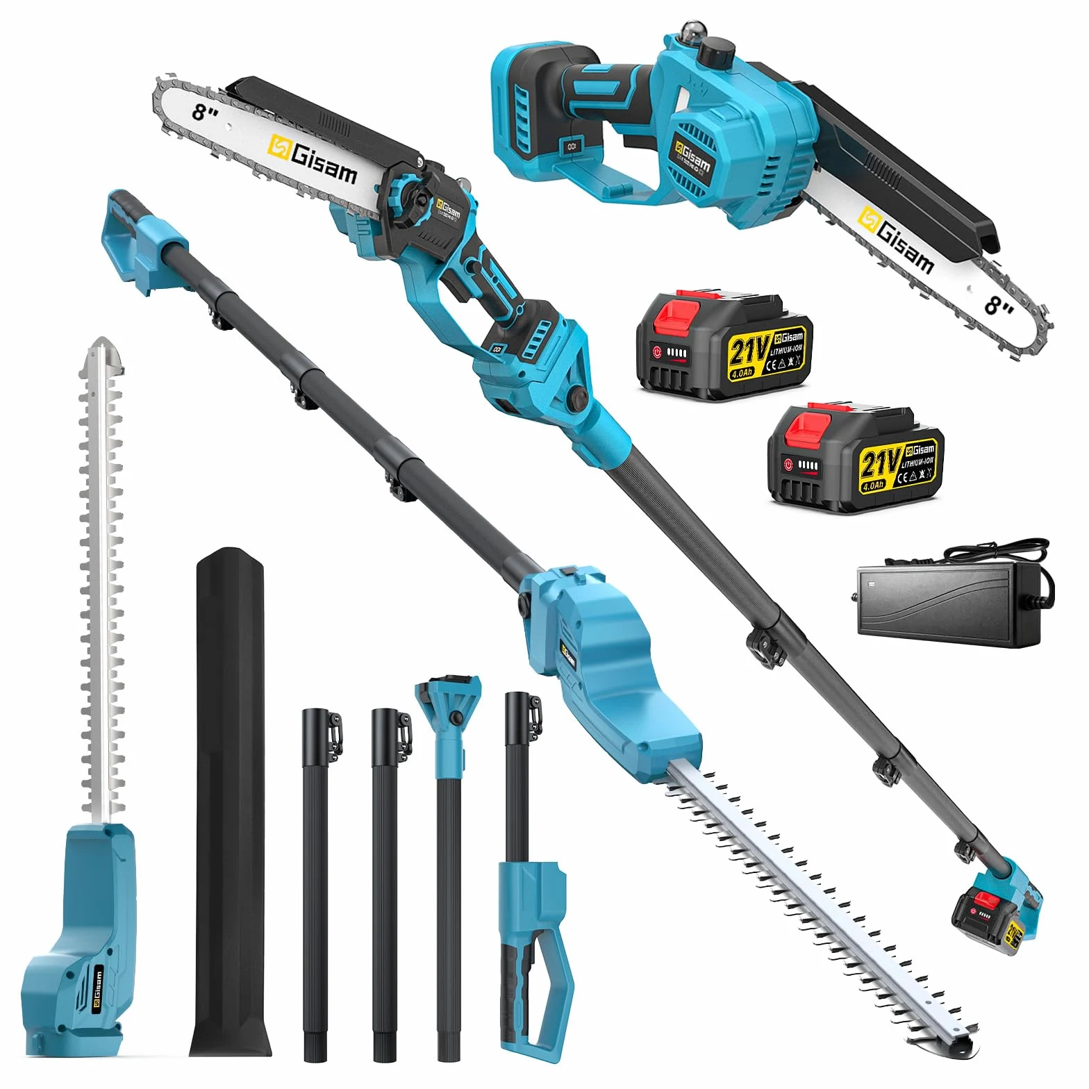 TronçOnneuse 8 Pouces Et Taille-Haie Sans Fil, Ensemble D'Outils De Jardinage 4-En-1, Avec 2 Batteries De 4,0 Ah, Rallonge Jusqu'à 4,2 M, Moteur Sans Balais, Taille-Haie éLectrique, Scie à Branches