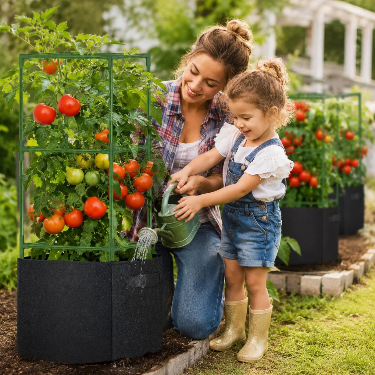 Tuteurs pour tomates avec Sacs de Culture 57 L, Lot de 3 Cages carrées en Acier 120 cm, Supports réglables pour Plantes grimpantes, Balcon, Jardin et Serre