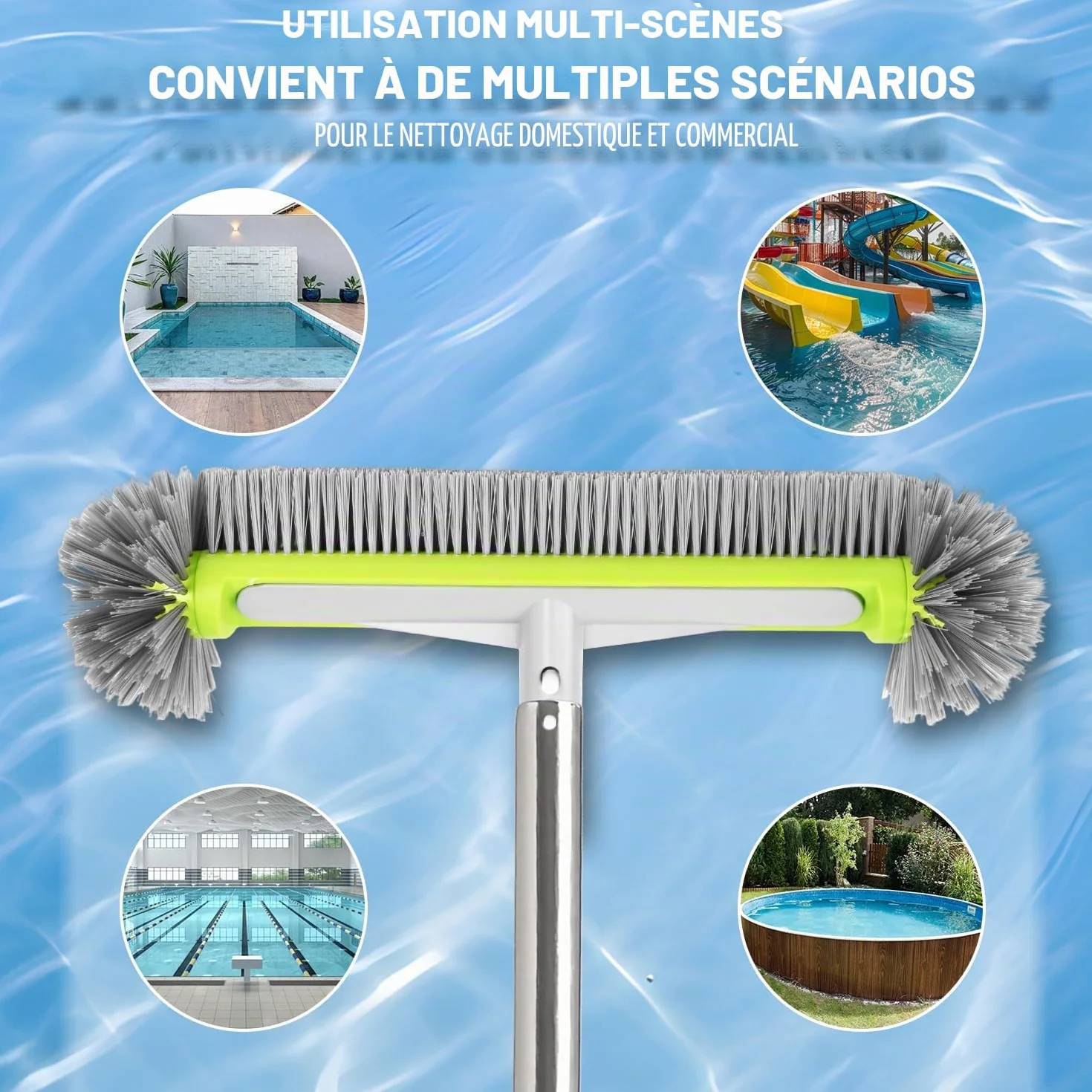 Tête de Brosse de Piscine 45cm Balai Piscine Brosses Poils Robustes Manche Aluminium Hémisphérique Mur Sol