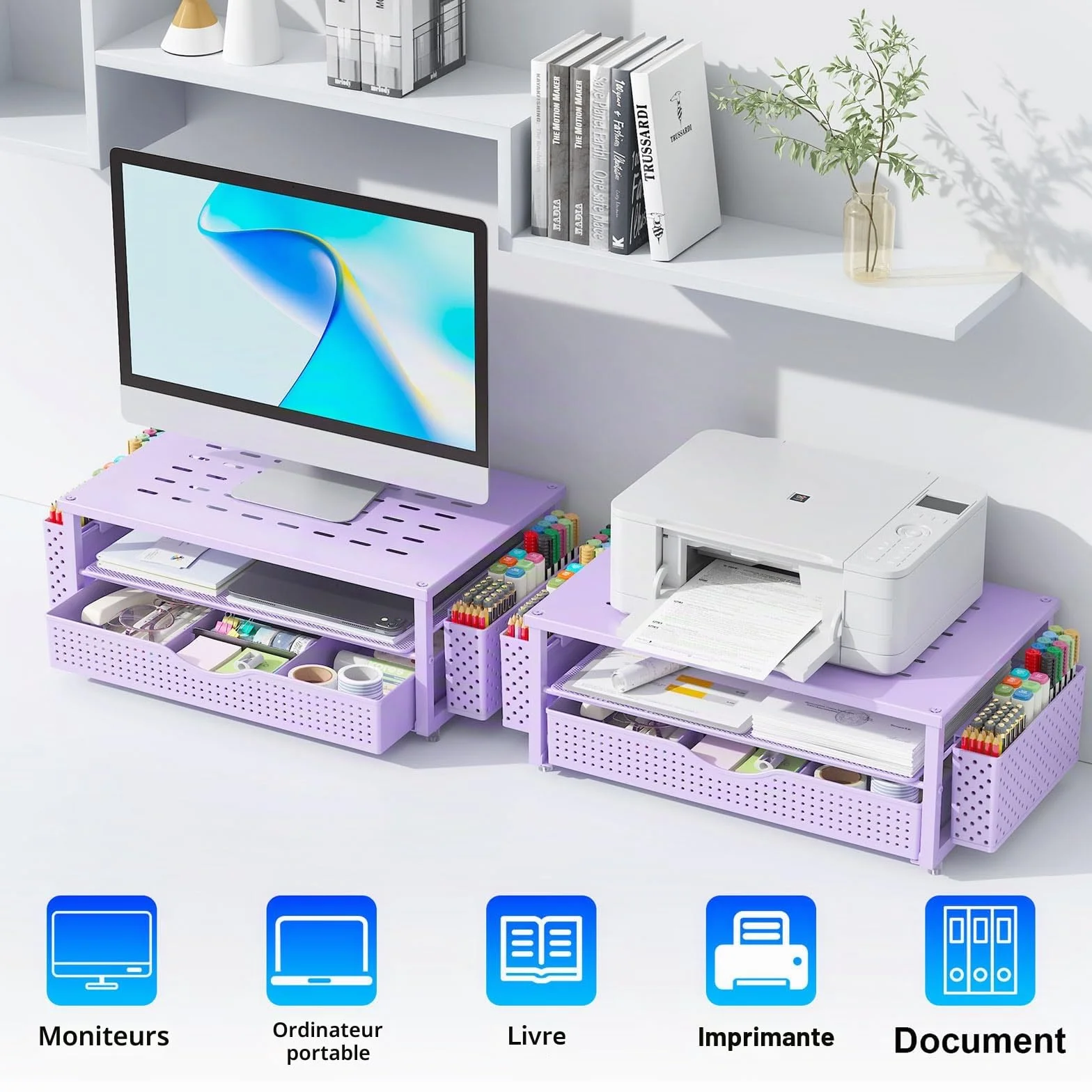 Gianotter Support de Moniteur avec Tiroir et Porte-stylos, Organisateur de Bureau Violet