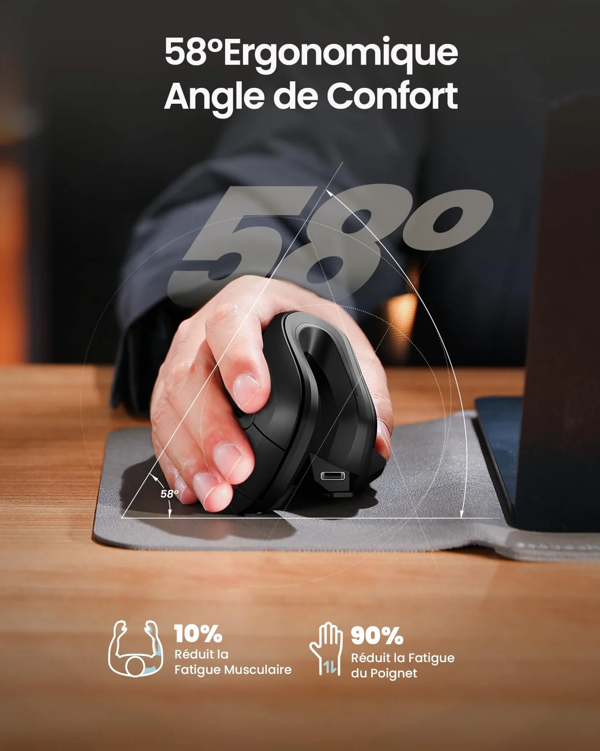 ProtoArc EM11 NL Souris Ergonomique sans Fil Verticale Rechargeable 3 Ports Bluetooth USB Silencieuse Noir