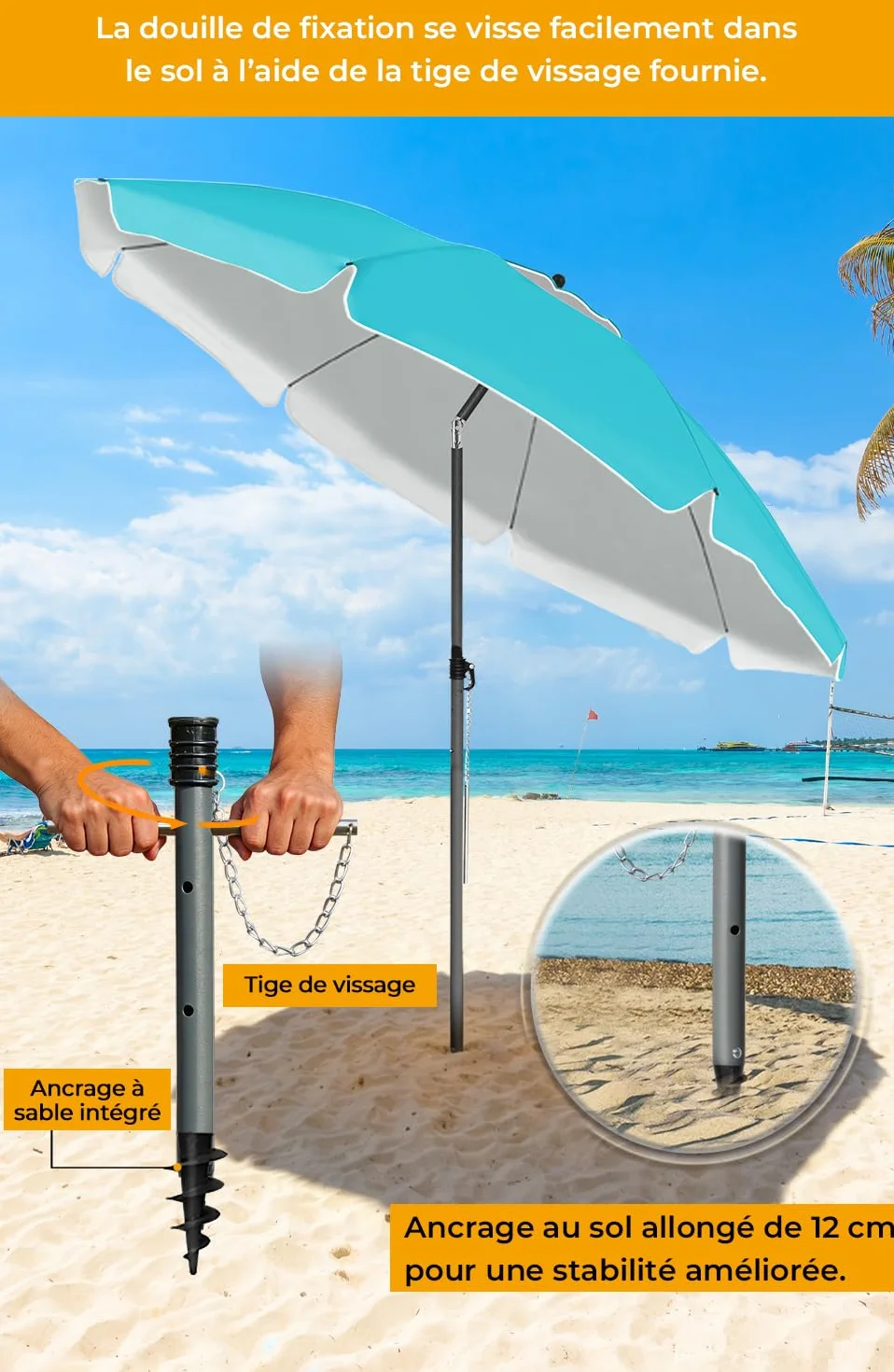 Parasol Plage Inclinable UV50+ 200cm Turquoise HOMEDEMO avec Pied d'Ancrage & Housse