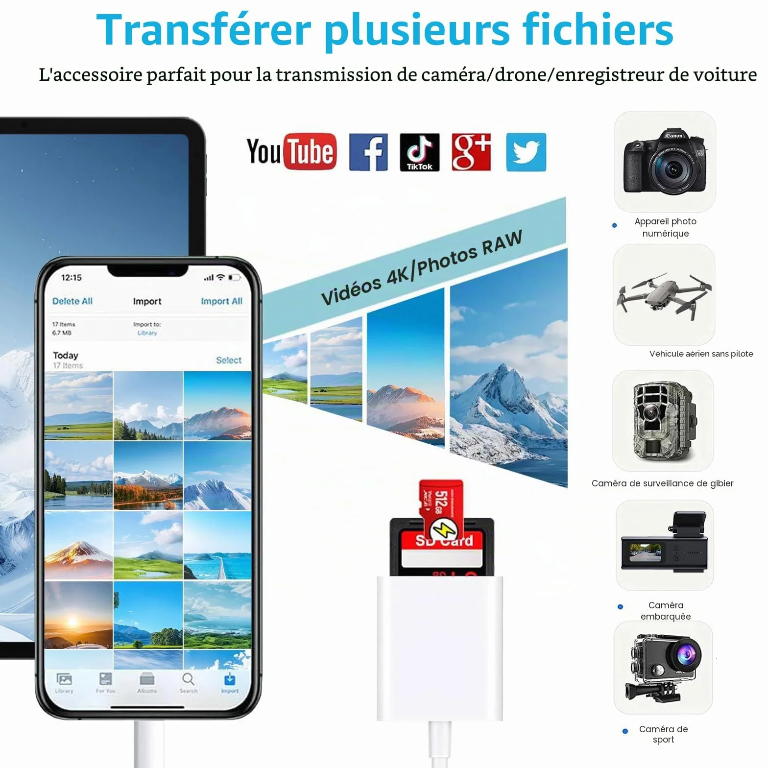 Lecteur de Carte SD pour iPhone iPad, Lightning Adaptateur de Carte SD Double Fente Micro SD/SD