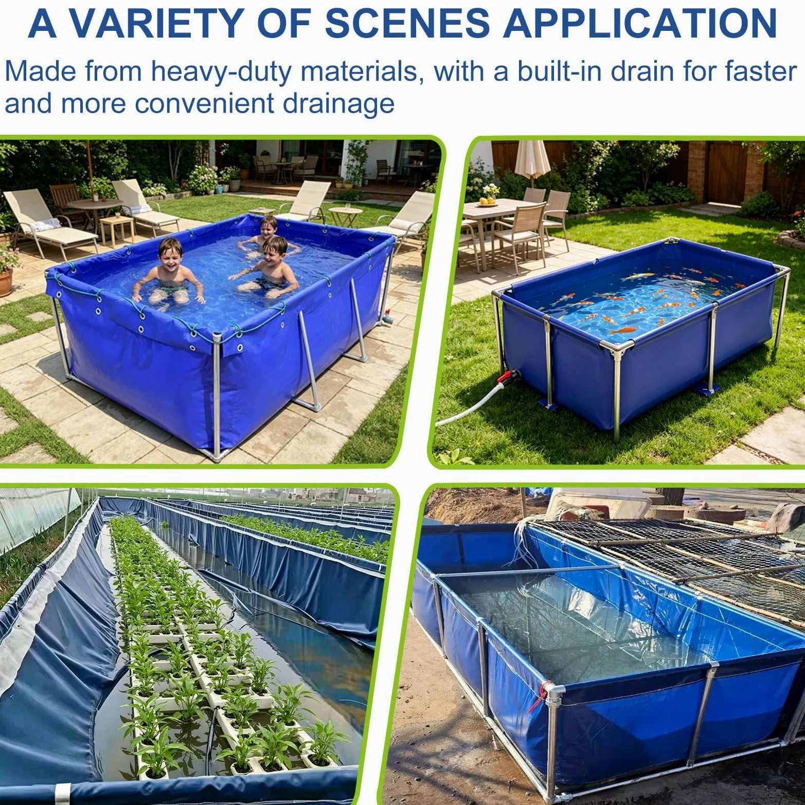 Étang à poissons en toile pliante épaissie,réservoir de rétention de bâche imperméable multifonction,piscine de jardin en toile VC avec valve de vidange pour Koi Bing et irrigation(2x2x1.0m)