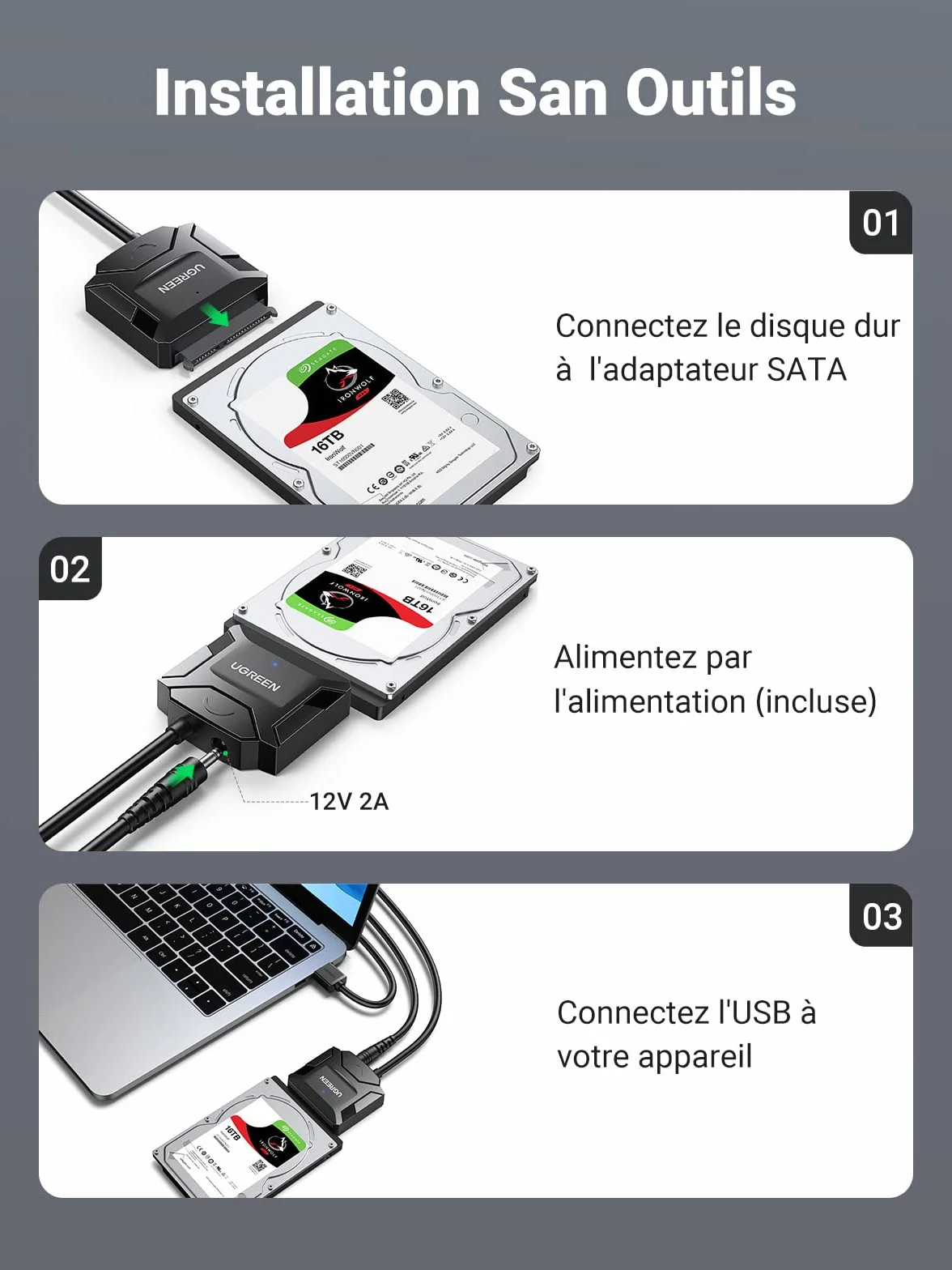 UGREEN Adaptateur USB 3.0 vers SATA Câble pour Disque Dur 2,5 3,5 Pouces HDD SSD avec Alimentation 12V 2A