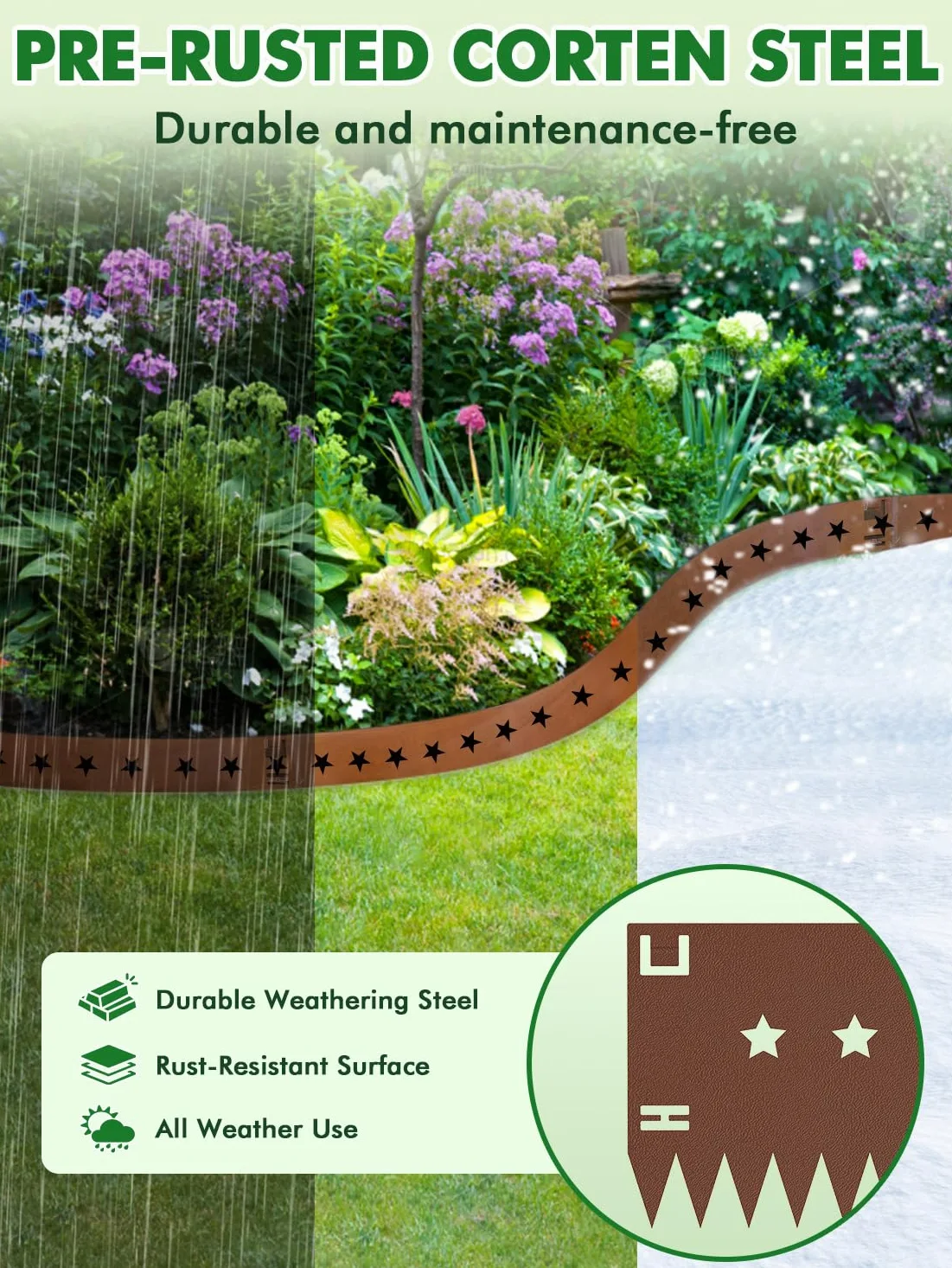 10 Pièces 10.75M Bordures de Jardin Métal,Hauteur 15cm Flexible Bordure de Pelouse,Résistantes aux Intempéries,Résistante à la Rouille,Style Star Bordures pour Cour, Jardin, Pelouse