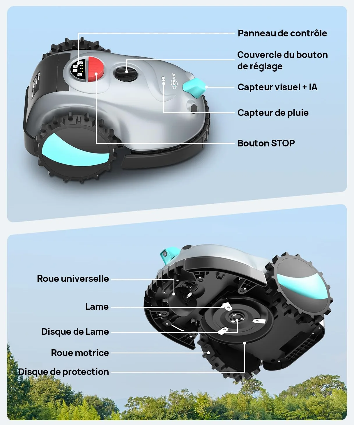 (2026 New) YARDCARE V100 Robot Tondeuse Sans Fil Périphérique,avec Navigation par Vision, Évitement d'obstacles(150 sortes), Robot Tondeuse Gazon avec Batterie 4 Ah, Bande magnétique, Lame de Rechange