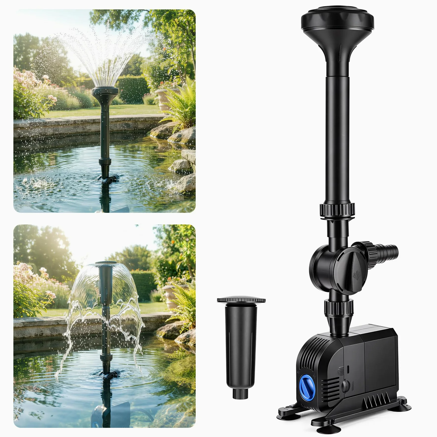Pompe de Fontaine de Jardin 2500L/h 45W, Pompe de Bassin Submersible 2 en 1 avec Filtre et Buses Réglables, Anti-Rouille pour Extérieur
