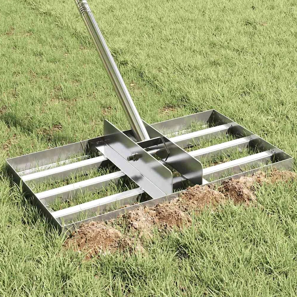 Râteau de jardin argenté 45 x 25 x 200 cm en acier inoxydable pour pelouse, jardin, terrain de golf, terre, sable