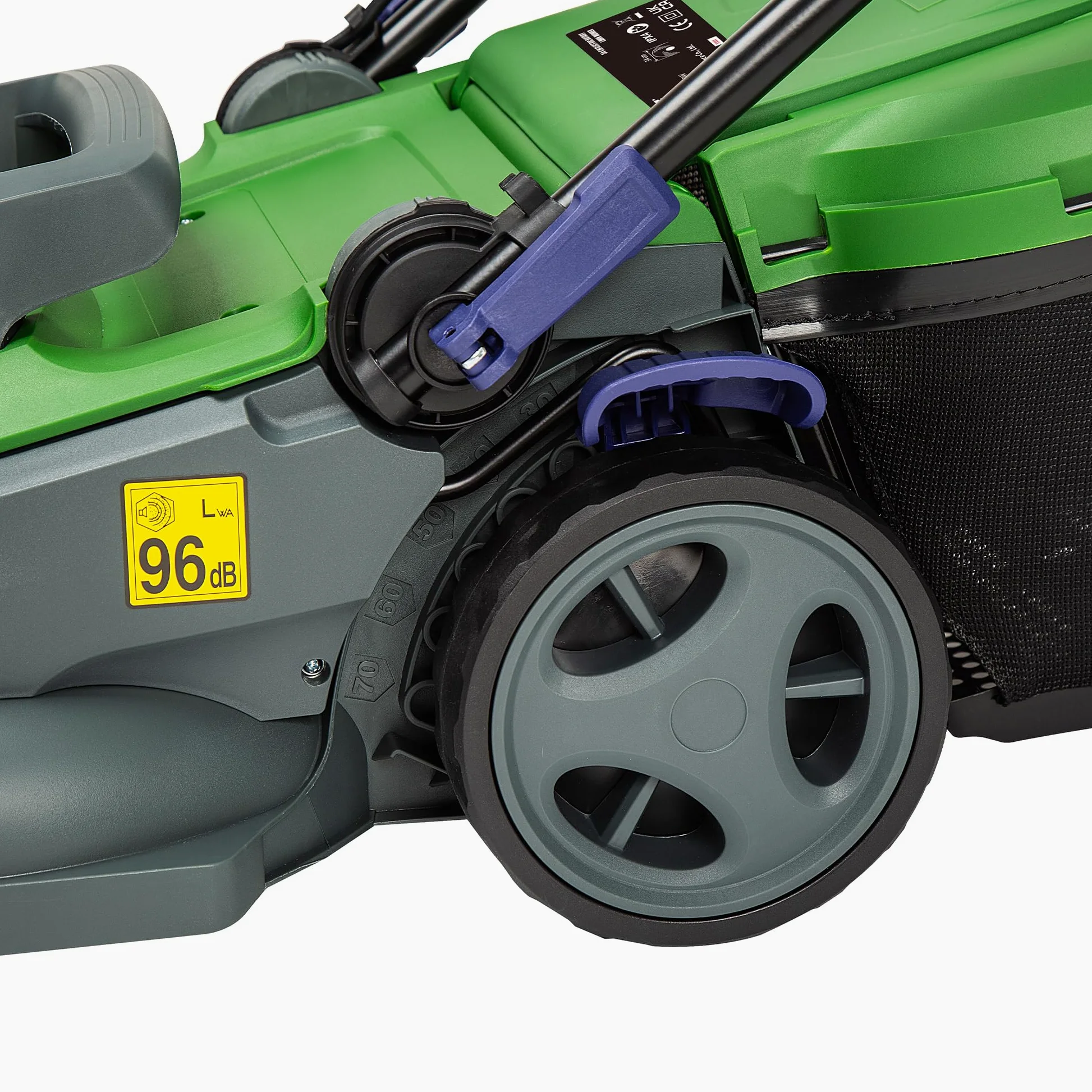 Forte Tondeuse électrique 1400 W 34 cm avec une largeur de coupe de 34 cm, 6 hauteurs de coupe réglables et un rouleau arrière Tondeuse électrique puissante pour petites et moyennes pelouses (tondeuse