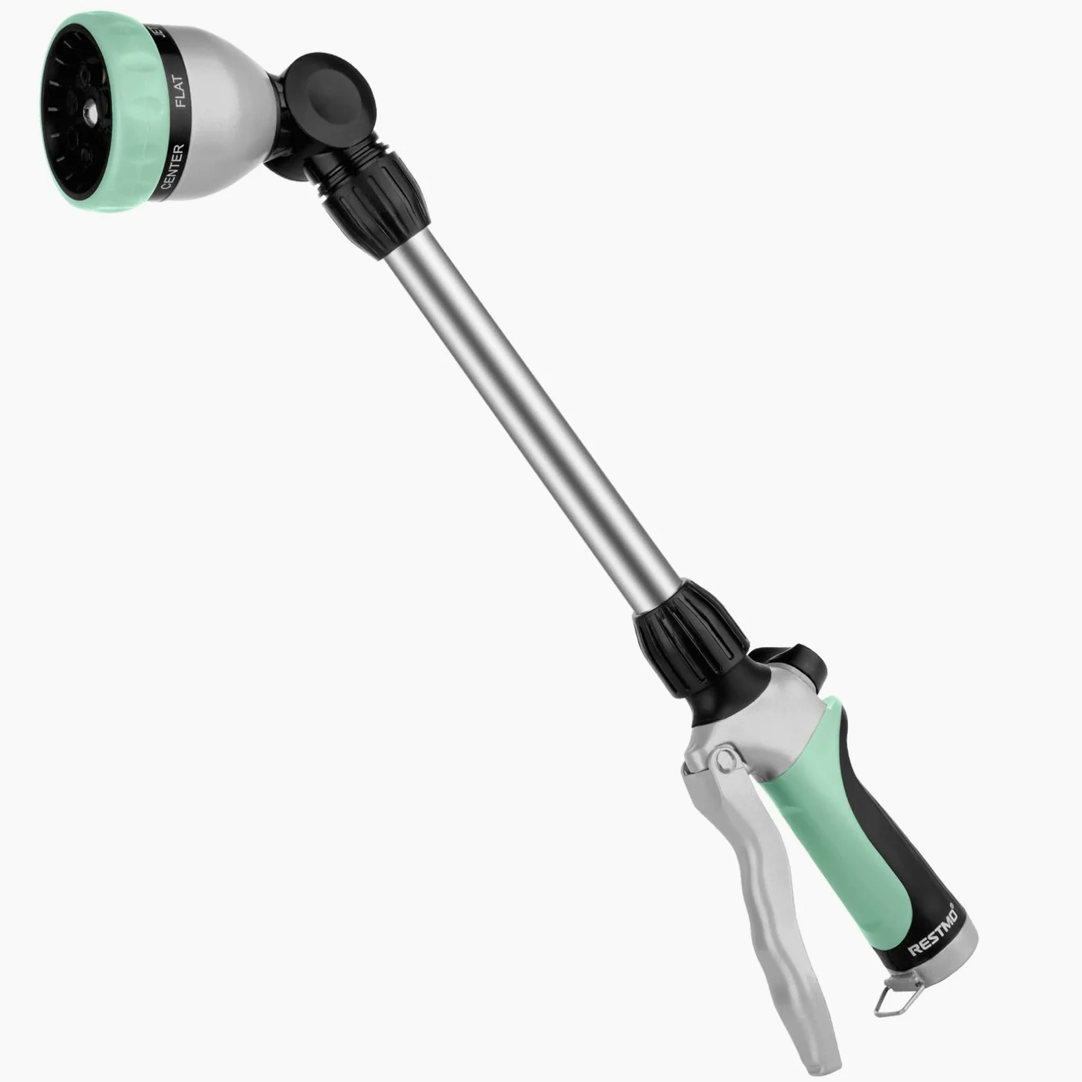 RESTMO Baguette d'arrosage en métal robuste avec tête à cliquet pivotante à 180°, buse de tuyau de 40,6 cm avec 7 modes de pulvérisation et contrôle du débit, pour paniers suspendus à eau et arbustes,