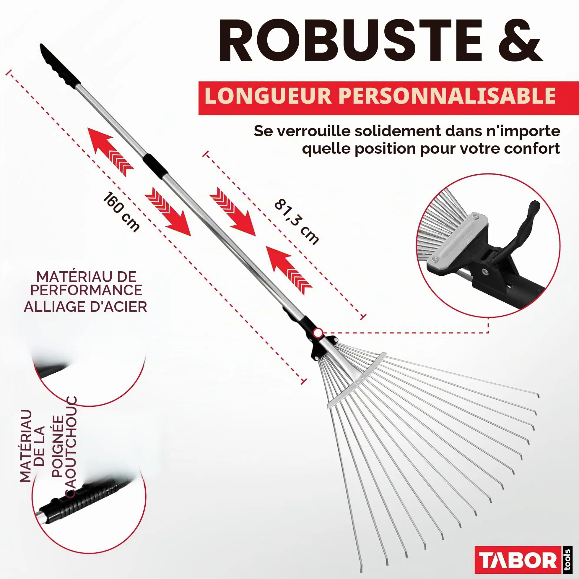 TABOR Tools J16E Râteau télescopique en métal, 160 cm de Long, râteau à Feuilles Pliable réglable pour Un Nettoyage Rapide de la pelouse et de la Cour, râteau à Feuilles de Jardin, poignée Extensible