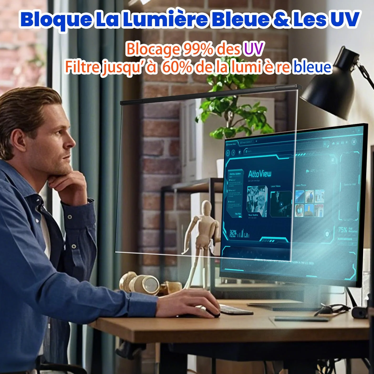 Filtre d'Écran Anti-Lumière Bleue 27 Pouces pour Moniteur 16:9 – Protection Anti-UV, Anti-Reflet, Anti-Éblouissement (61,3 x 37 cm)