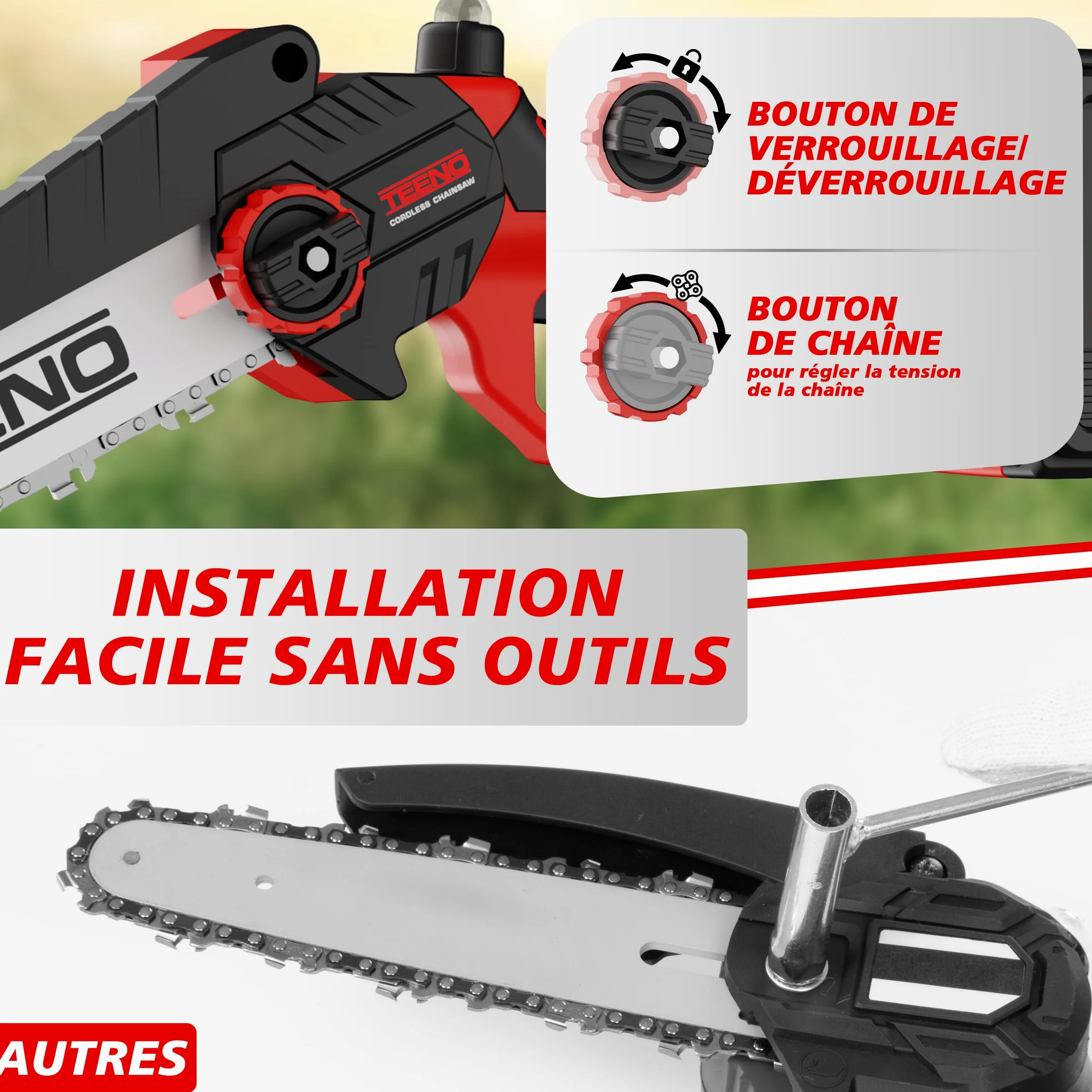 TEENO Tronçonneuse électrique,Tronçonneuse électrique 2 en 1 | perche télescopique - détachable - Réglage à 180°,6 pouces,2 x 4000 mAh batteries,2 plaques de guidage,2 chaînes