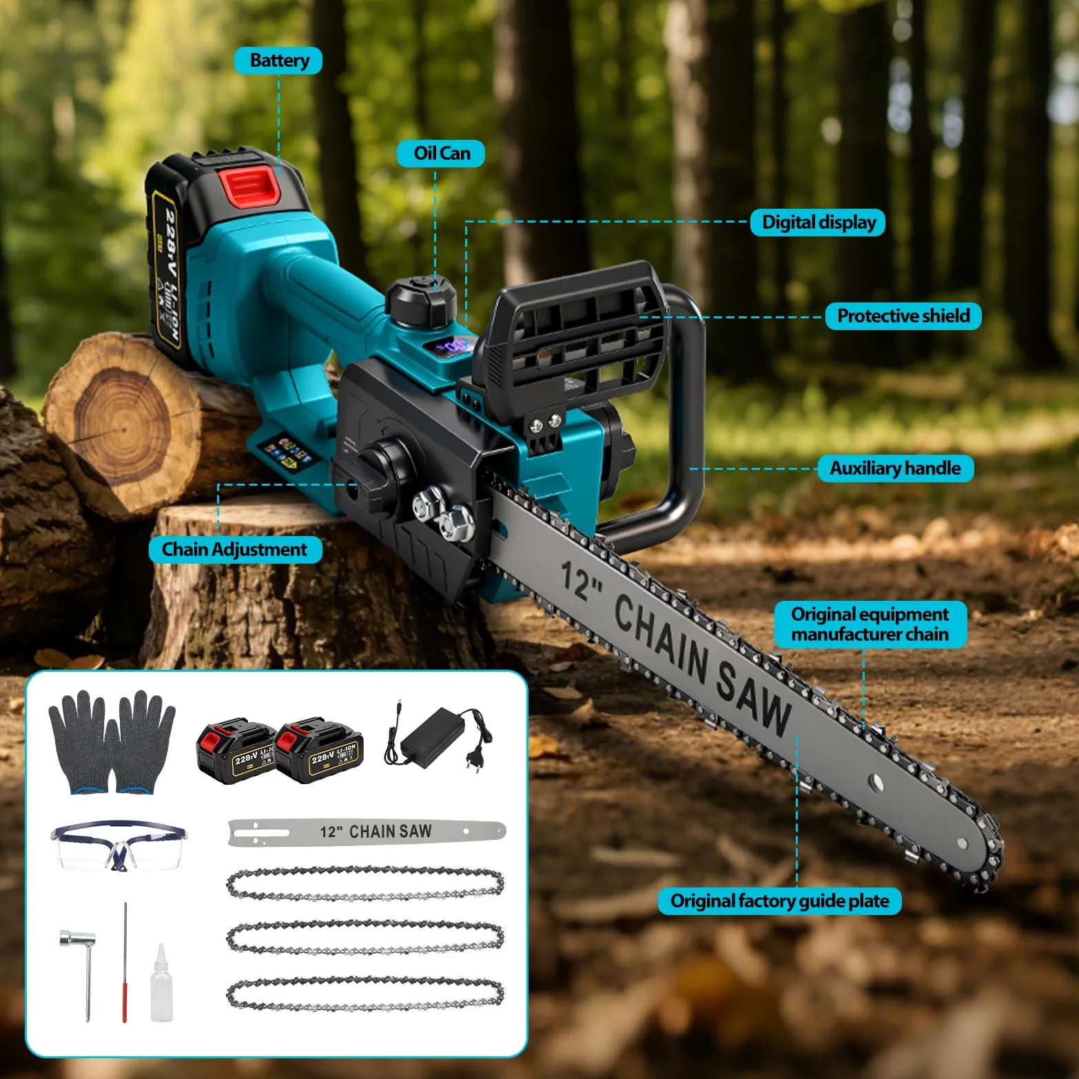 WingFly Tronçonneuse électrique sans fil 12 Pouces avec Batterie 4000 mAh, 1200 W Tronçonneuse à Batterie avec Lubrification Automatique, pour Couper le bois, arbres, jardinage