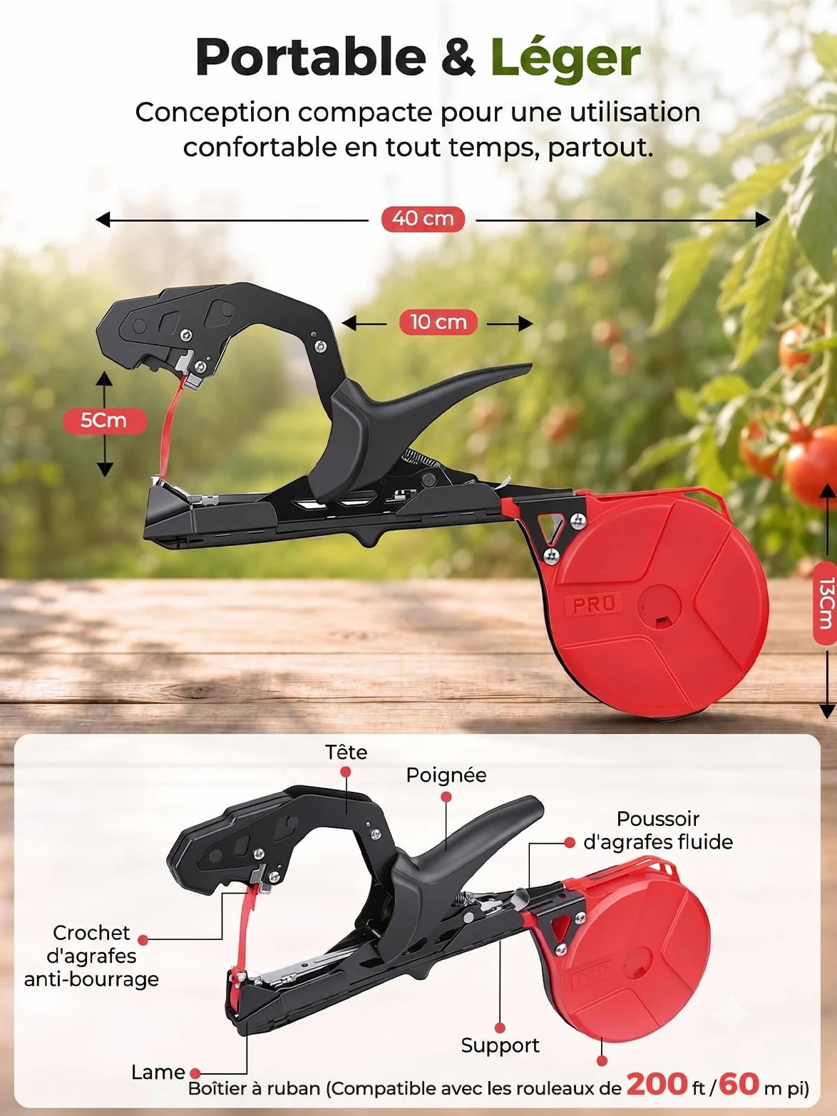 Lieuse professionnelle pour plantes avec 10 rouleaux de ruban de 60 m, 500 g | Revêtement noir anti-corrosion, structure équilibrée anti-fatigue pour vignes et tomates.