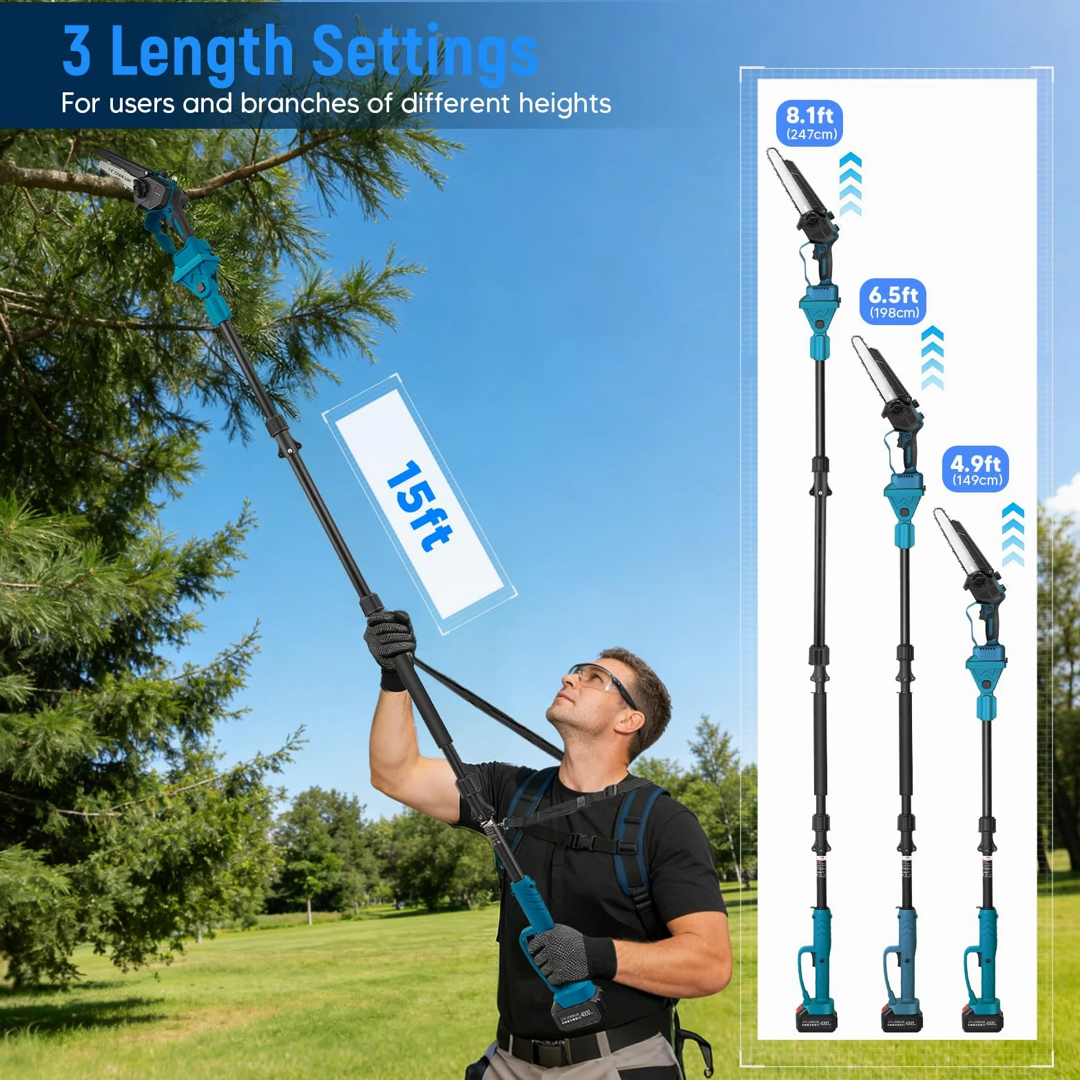Élagueuse sur perche sans fil 4 en 1, mini tronçonneuse sans balais 6 et 8 pouces avec 2 batteries de 4000 mAh, portée de 4,6 m, outil de jardinage pour l'élagage et la coupe de branches