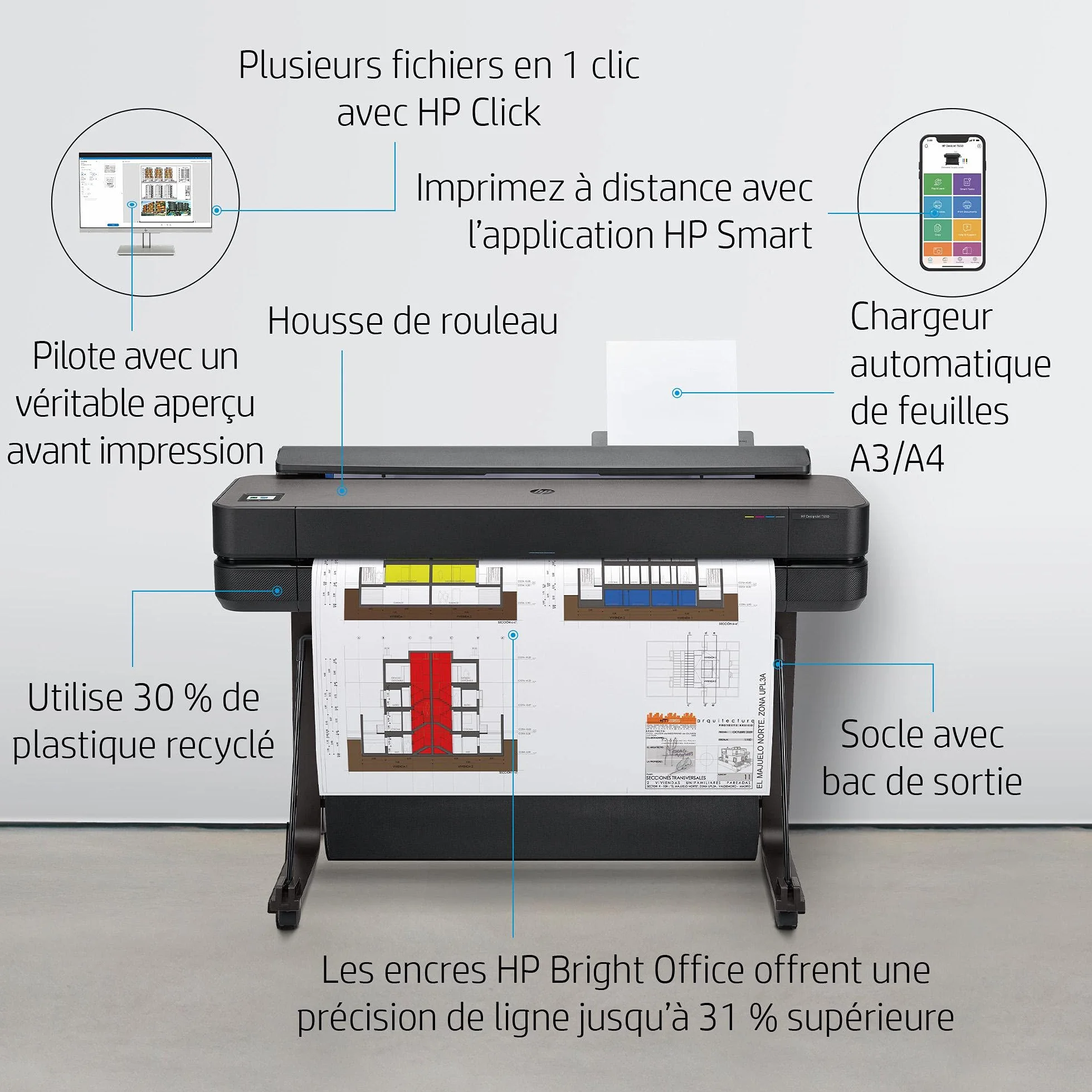 HP DesignJet T630 36 Pouces A0 Imprimante Grand Format, Wi-Fi, Ethernet, USB 2.0, Noir