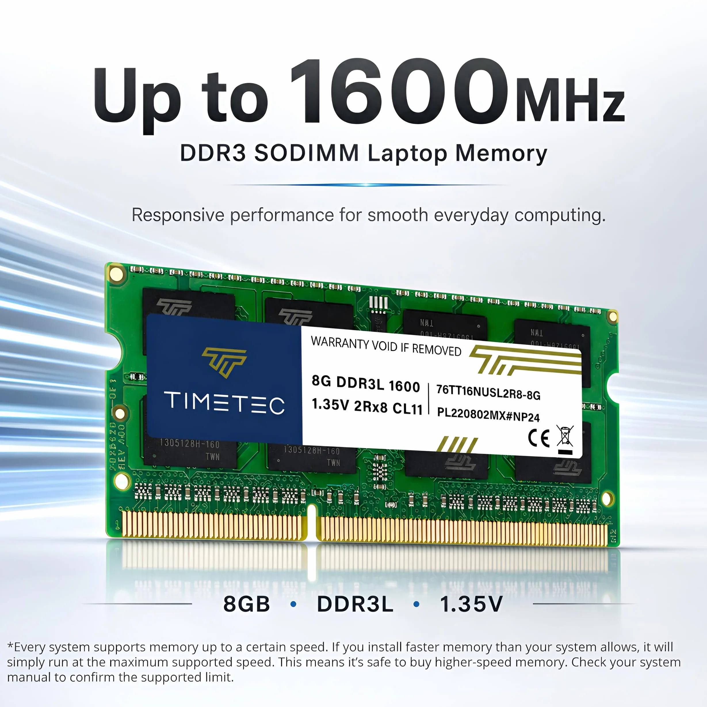 Timetec 8 Go DDR3L 1600MHz PC3-12800 Non-ECC SODIMM RAM Module pour ordinateur portable
