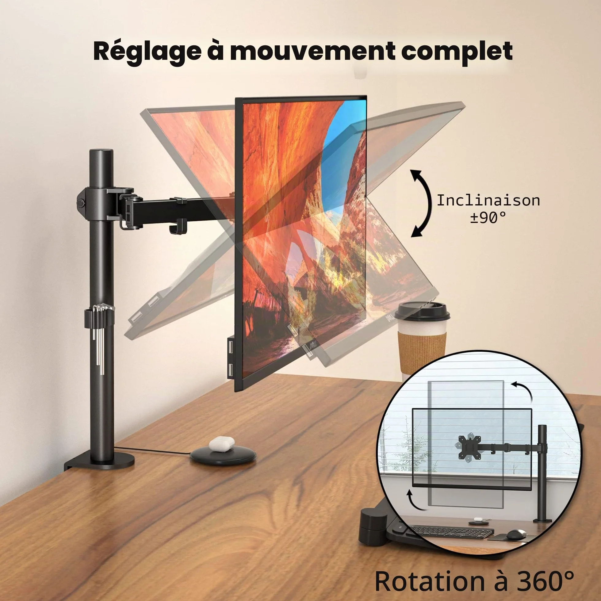 BONTEC Support Ecran PC 13-32 Pouces, Capacité 10 kg, VESA 75x75-100x100 mm, Réglable Hauteur Inclinable Pivotant