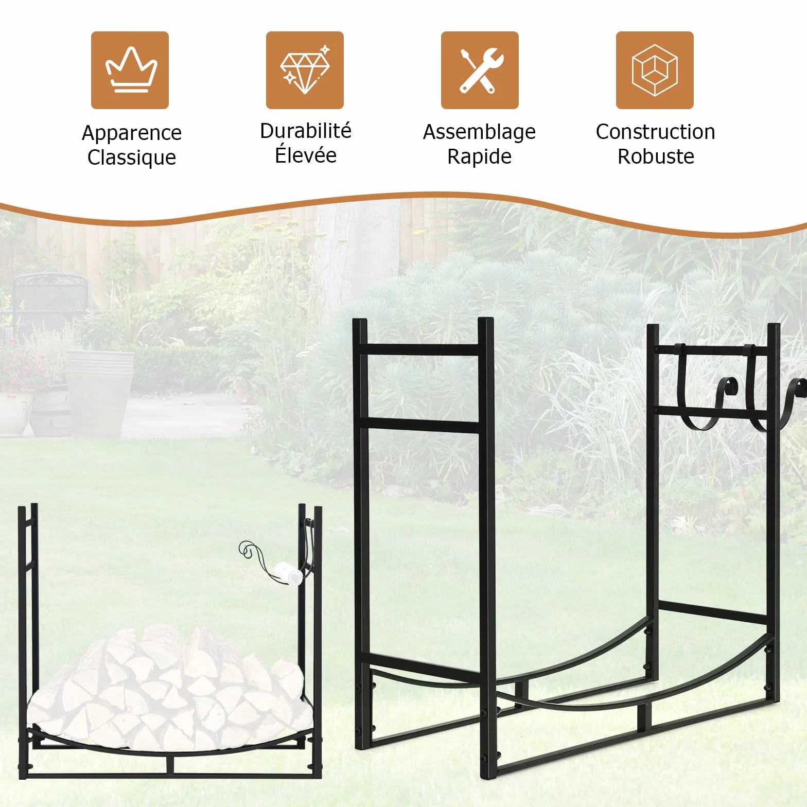 GOPLUS Range Bûches Cheminée Porte Buches Bois Chauffage Intérieur Extérieur Support Amovible 50 kg 84 x 33 x 76 cm