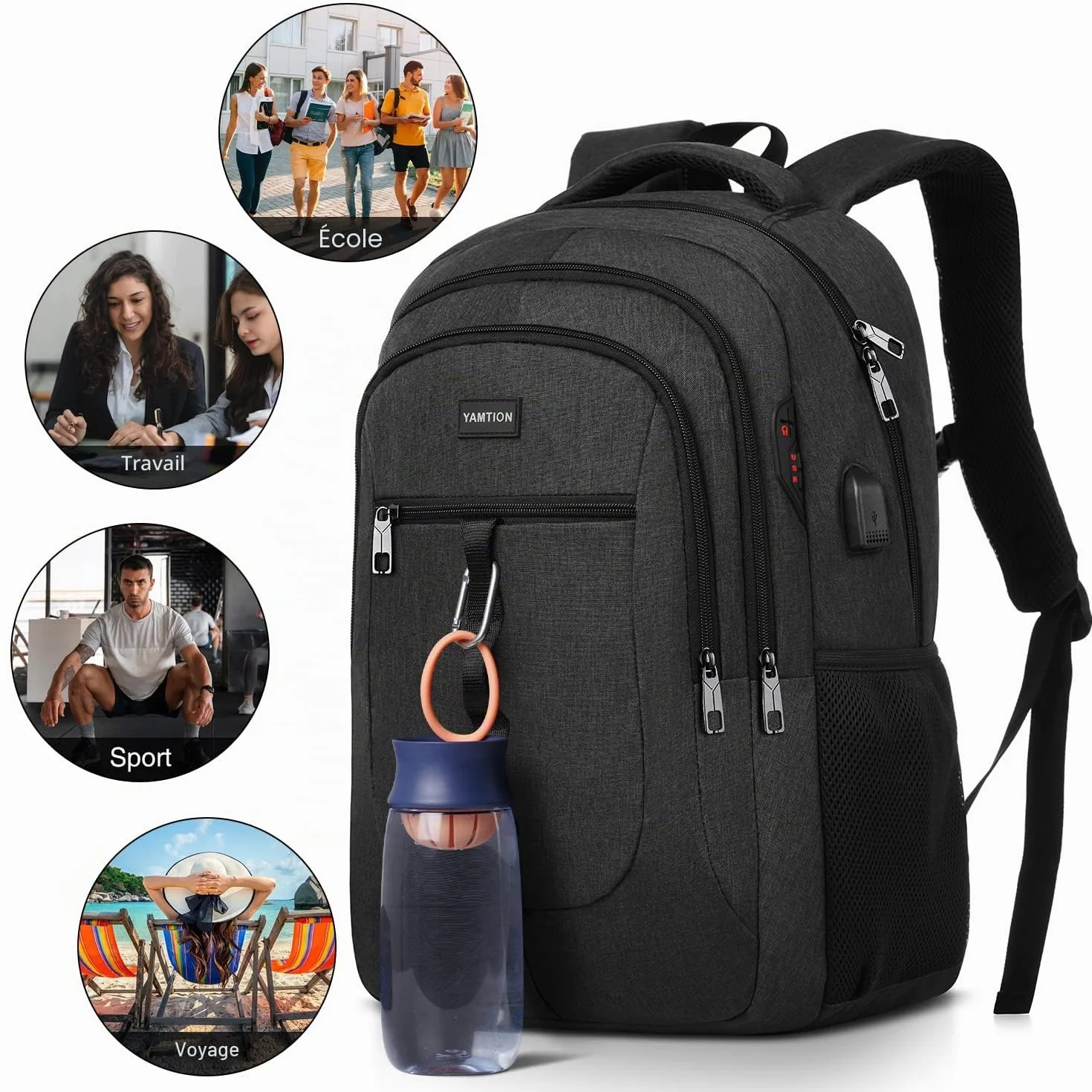 YAMTION Sac à Dos Scolaire Cartable Collège Lycée Université Homme Ado