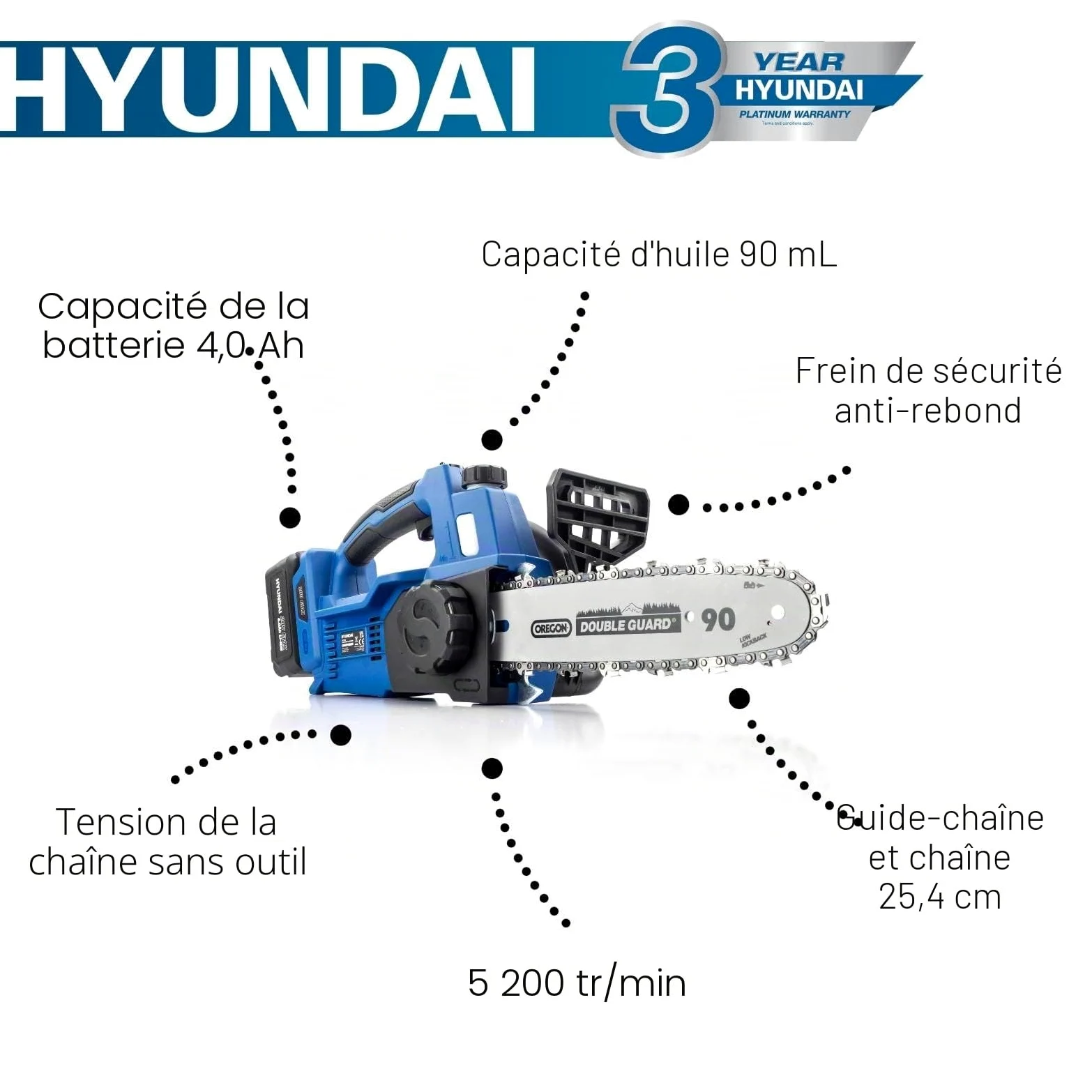 Hyundai Tronçonneuse Sans Fil 20 V Brushless, Guide et Chaîne 25 cm, Batterie Li-ion 4 Ah, Chargeur Inclus, Élagage, Garantie 3 Ans - HY2190