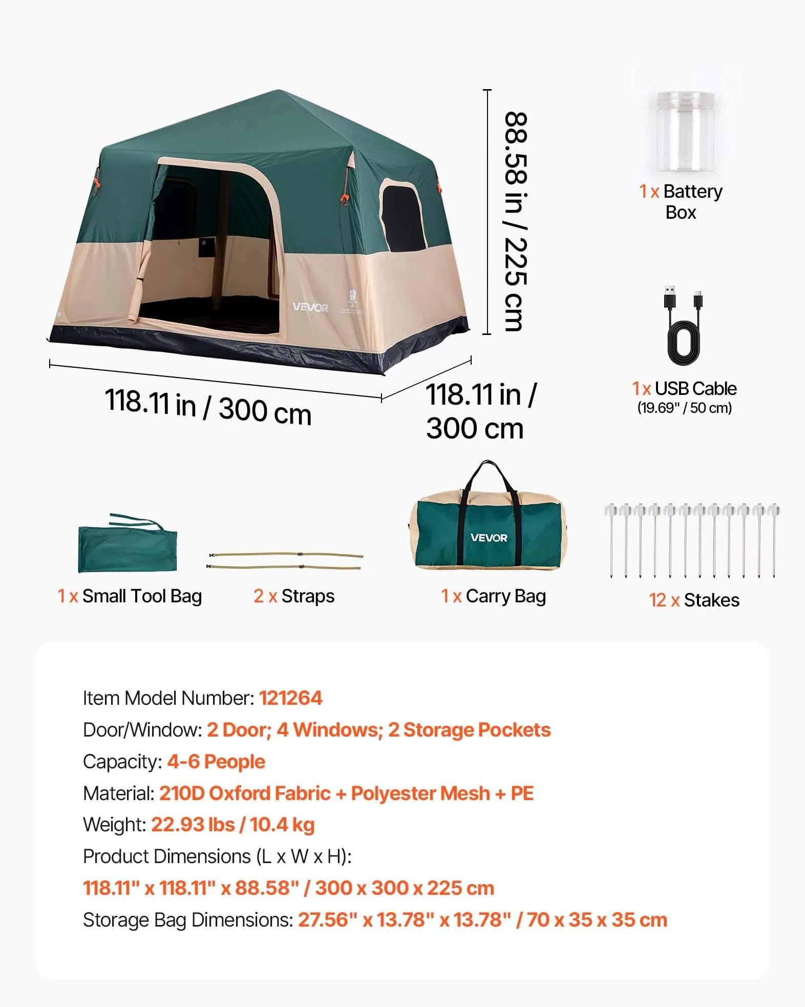 VEVOR Tente Gonflable 6 Personnes Pompe Rechargeable Tente de Camping Vert, pour Randonnée et Pique-niques en Famille, avec Tubes d'air en TPU, 4 Grandes Fenêtres en Maille, Sac de Transport Portable
