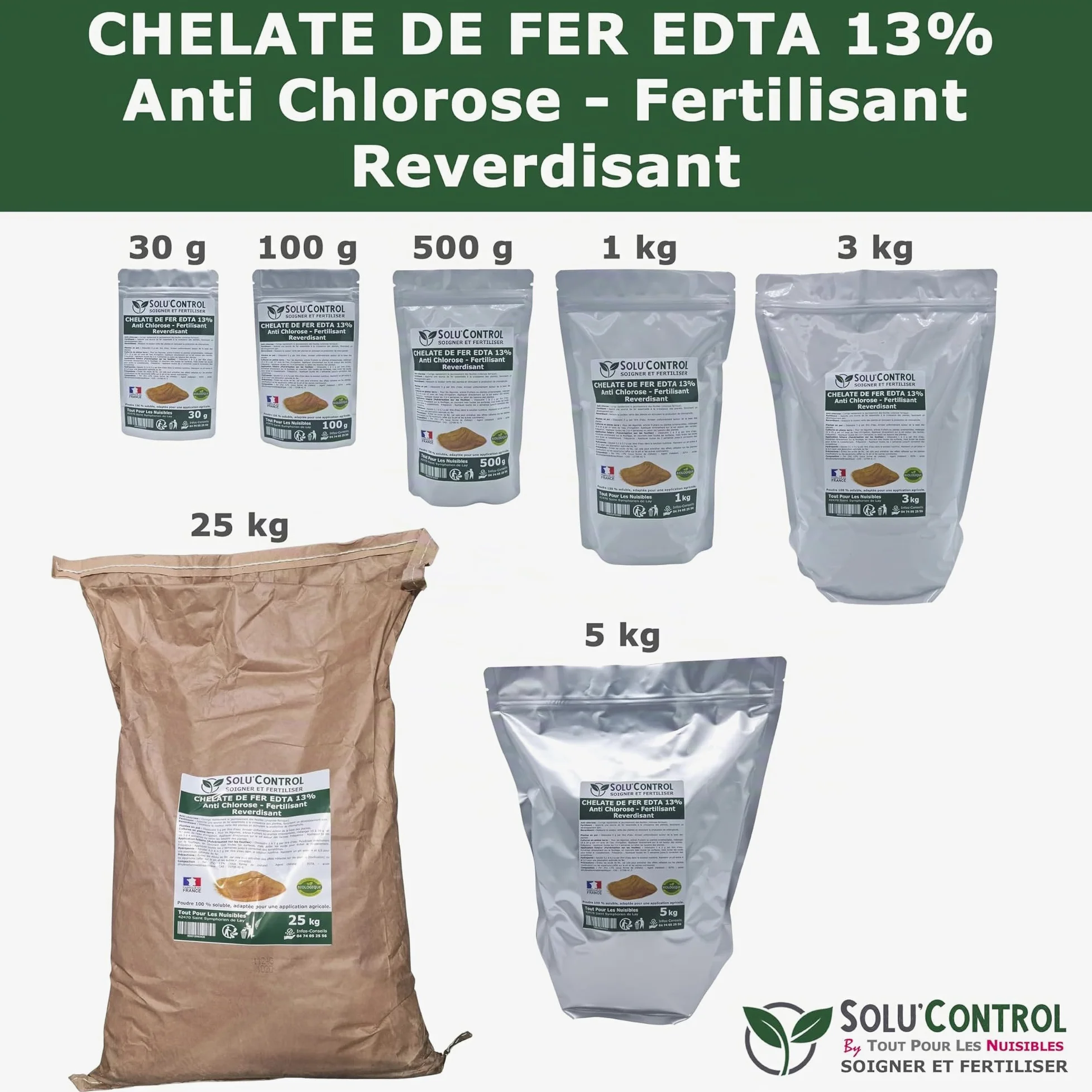 Solu'Control Chélate de Fer EDTA 13%, Anti-chlorose, Fertilisant, Reverdissant, 5 kg