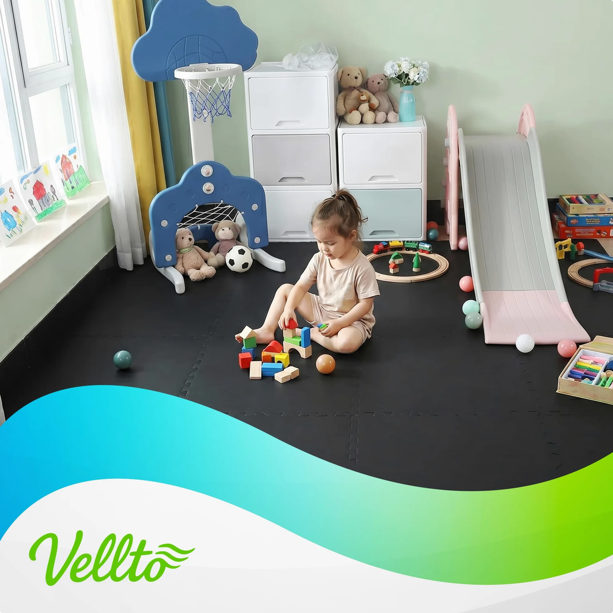 Dalle Mousse 1088 mm x 1088 mm 2 cm Épaisseur Tapis 12x Puzzle Protection Sol Fitness Piscine Fond Revêtement Modulaire Amortissant Imperméable sous-Couche Système Emboîtable Doux