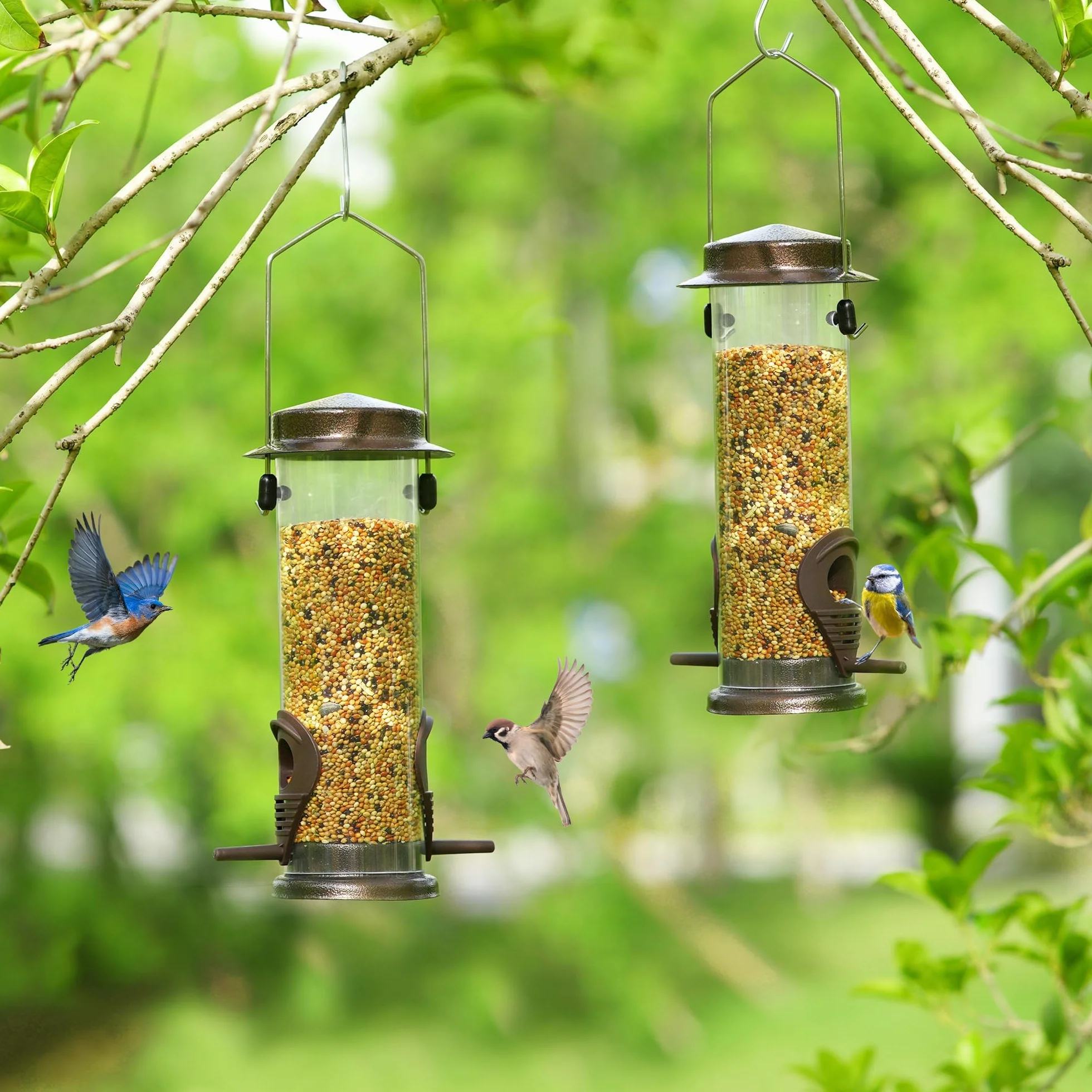 Lot de 2 mangeoires à oiseaux suspendre métal jardin - 2 ports - Résistantes intempéries - Café