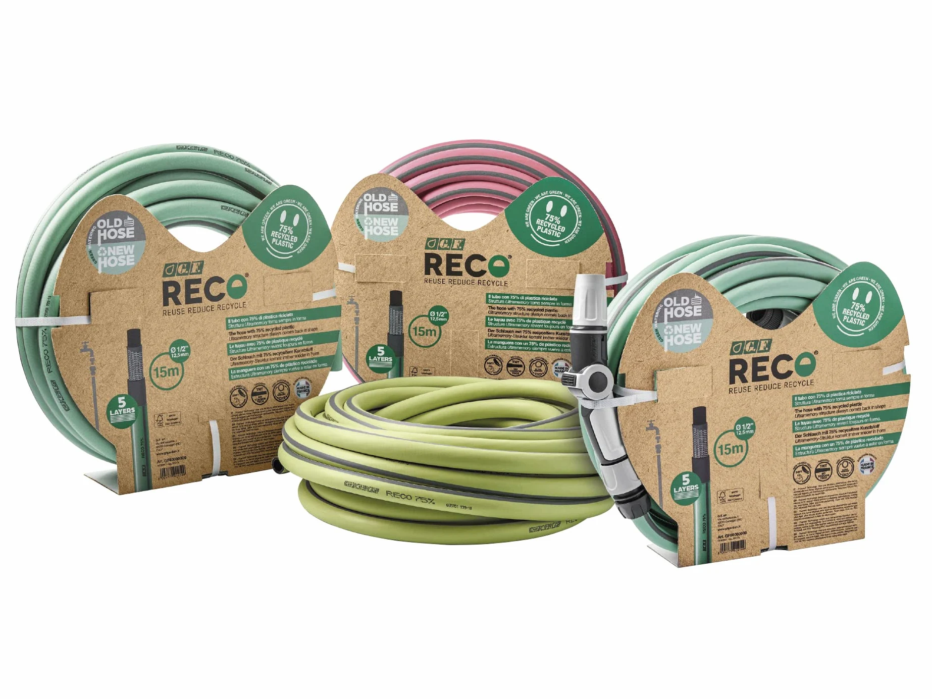 G.F. Srl TUYAU RECO, 25m de tuyau pour arrosage 12,5 mm (1/2") en PLASTIQUE RECYCLE, équipé de KIT pour l'arrosage (lance ergonomique 3 jets, raccords, nez de robinet). Fabriqué en France, Vert Lime