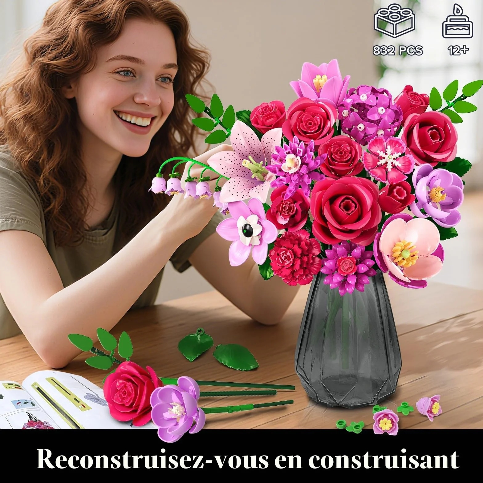 CUBIMANA Bouquet de Fleurs LED 21 Roses Rouges Collection Botanique 832PCS