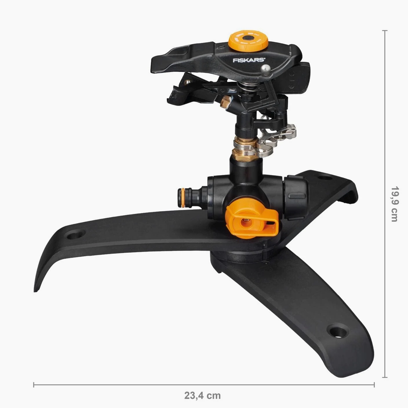 Fiskars Arroseur à Pulsations XL, Valve on/Off, avec contrôle du Schémé de Pulvérisation et contrôle de la Rotation, Taille Universelle, portée de Ø 26 m, 600 g, Noir/Orange, 1027050 | Taille universelle, portée de Ø 26 m, 600 g, noir/orange, 1027050