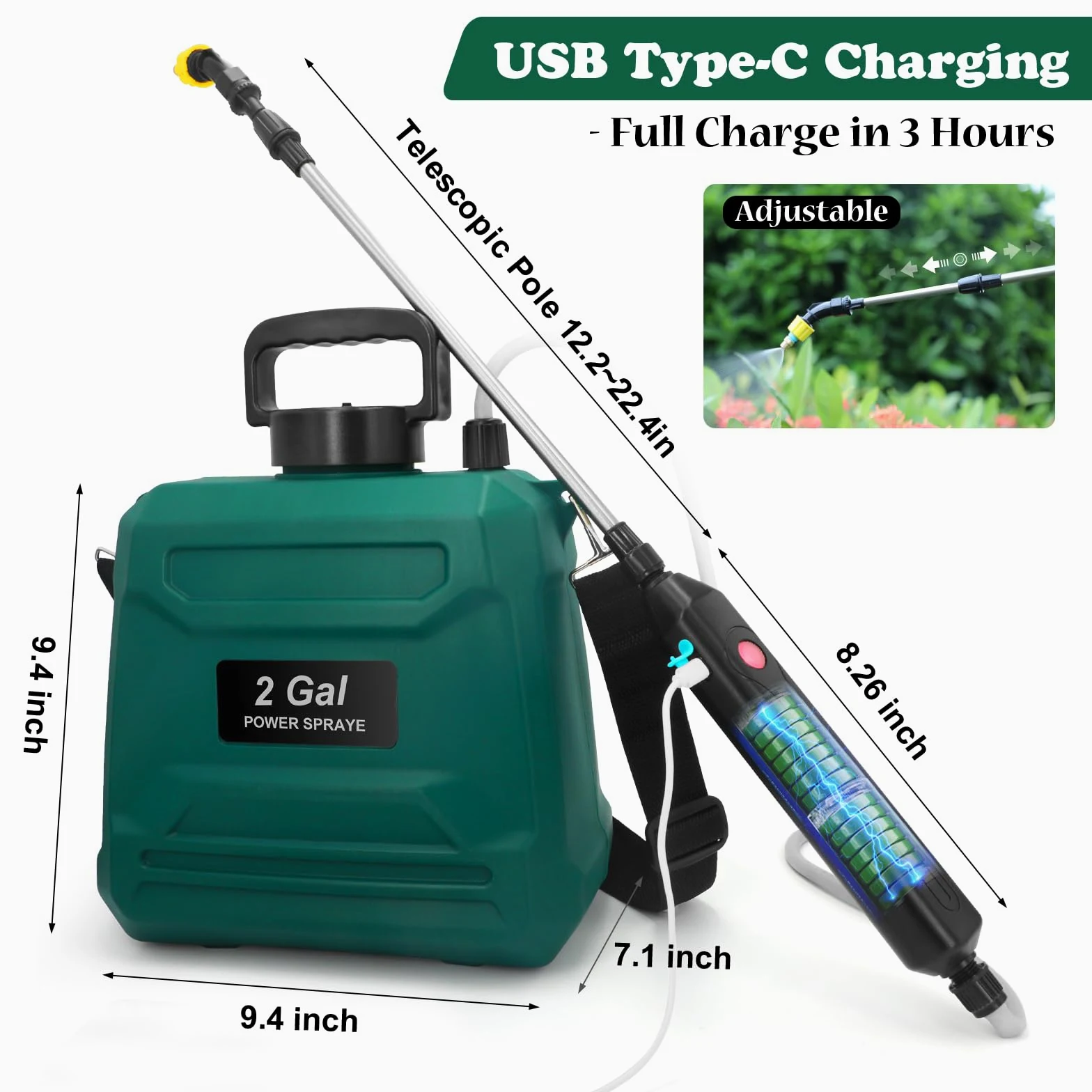 Pulvérisateur électrique 8L de Jardin, avec 3 Buses à Brume | Batterie 2000 mAh Rechargeable par USB, Lance Télescopique et Sangle Réglable,pour Toiture, Pelouse, Cour et Jardin