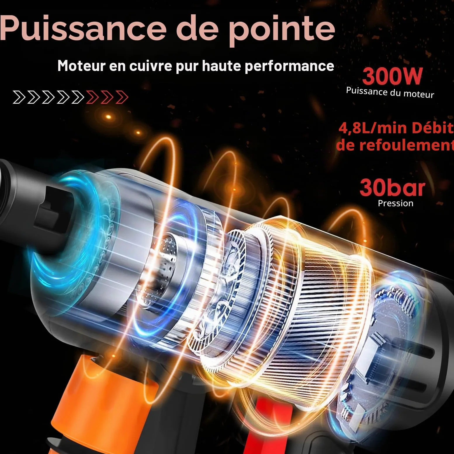 Nettoyeur haute pression sans fil portable, 30 bar, buse réglable 5 en 1, rotatif 180°, 24 V, pour voiture et piscine (deux batteries)