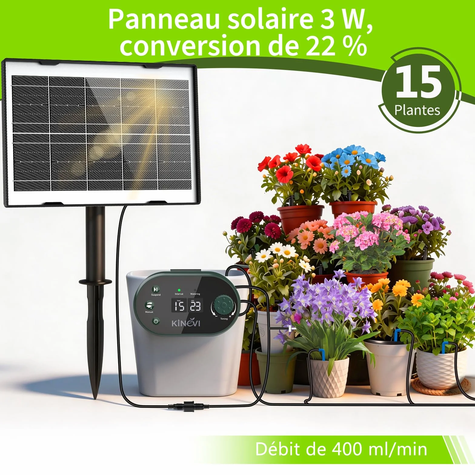 Kit Arrosage Automatique Solaire Jardin Ysteme Irrigation Goutte à Goutte 15 Plantes Balcon Extérieur