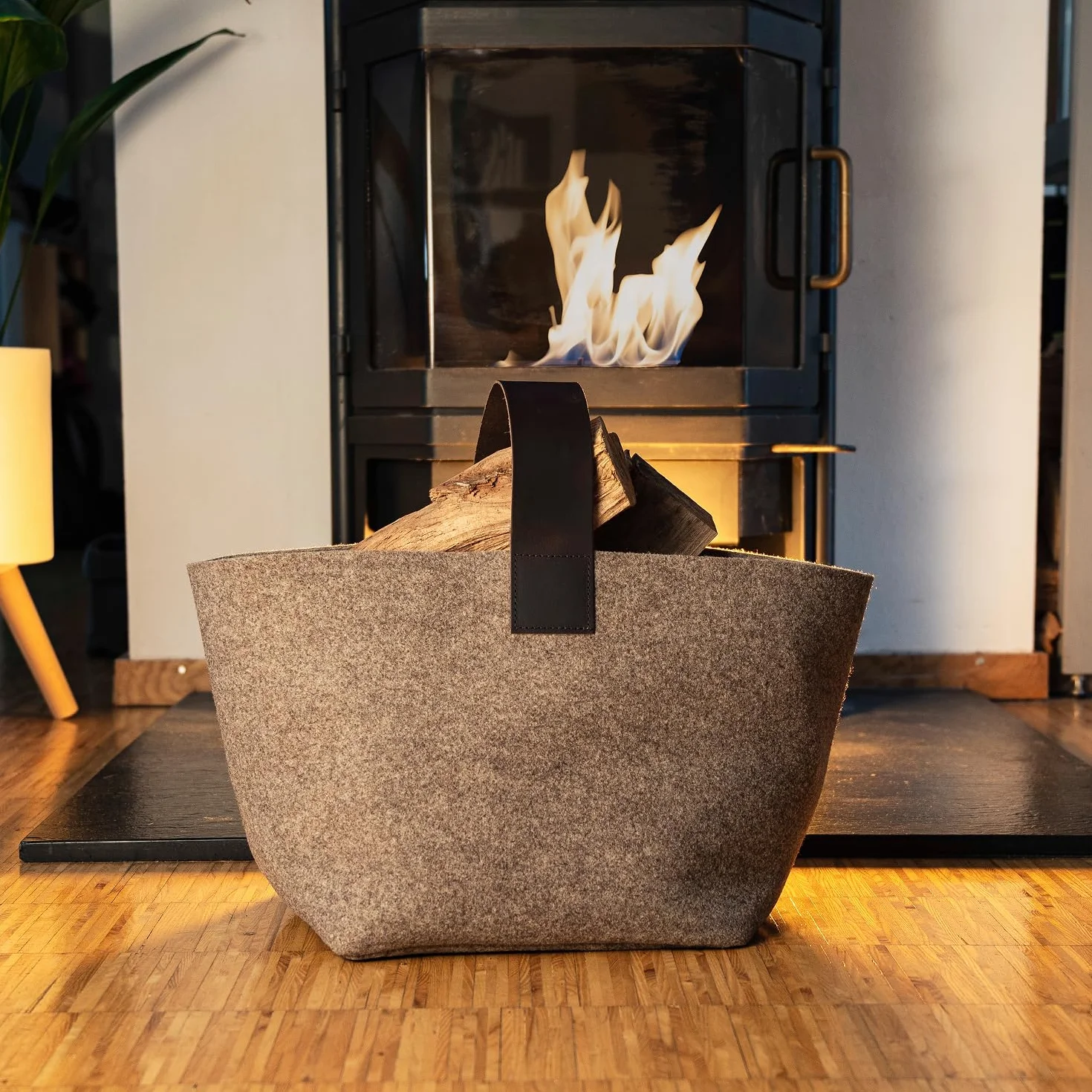 Panier à bois de cheminée en feutre Designer 40L Fabriqué en Allemagne Beige