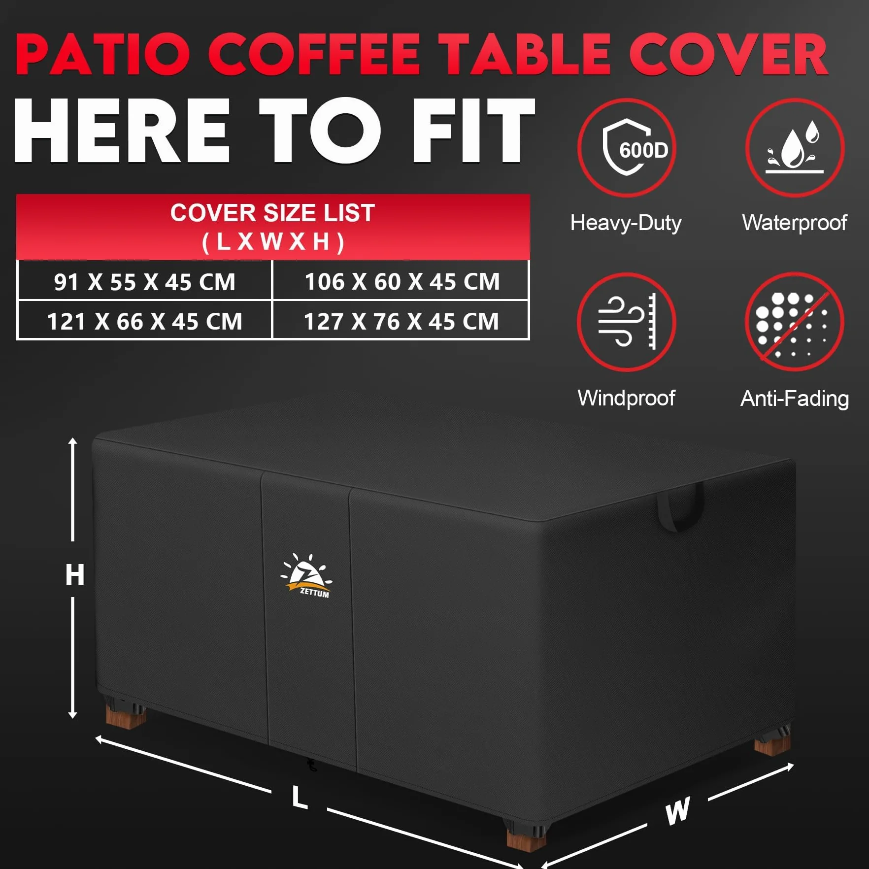 Zettum Housse pour table basse patio 106 x 60 x 45 cm, Tissu Oxford 600D PU Imperméable