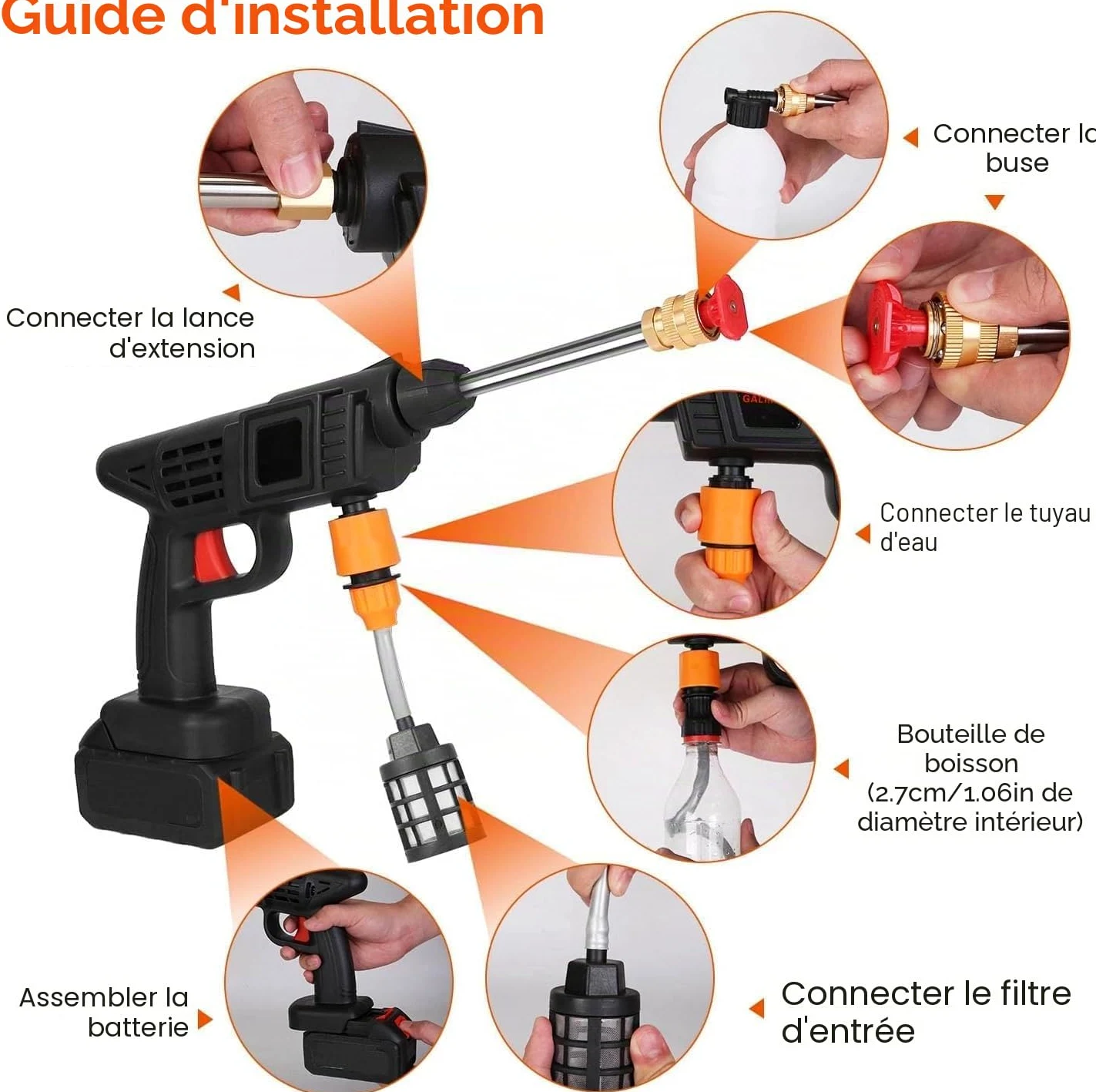90 Bar Nettoyeur Haute Pression sans Fil, Longue Autonomie, avec Buse | Réglage Intelligent de la Pression, avec Tuyau de 5 m, 3 Modes de Nettoyage, pour Nettoyage Voiture, Jardin et Arrosage