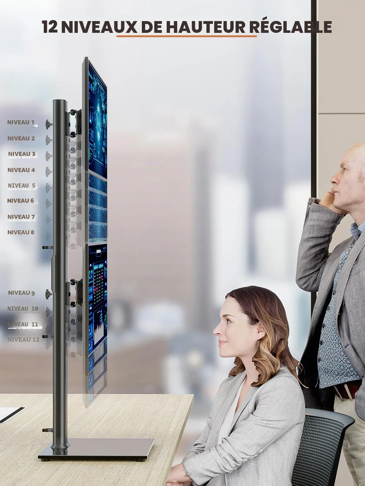Support de Moniteur Double Vertical pour Deux écrans 13-34 Pouces, Pivotement, Inclinaison, Hauteur réglable, 44Lbs