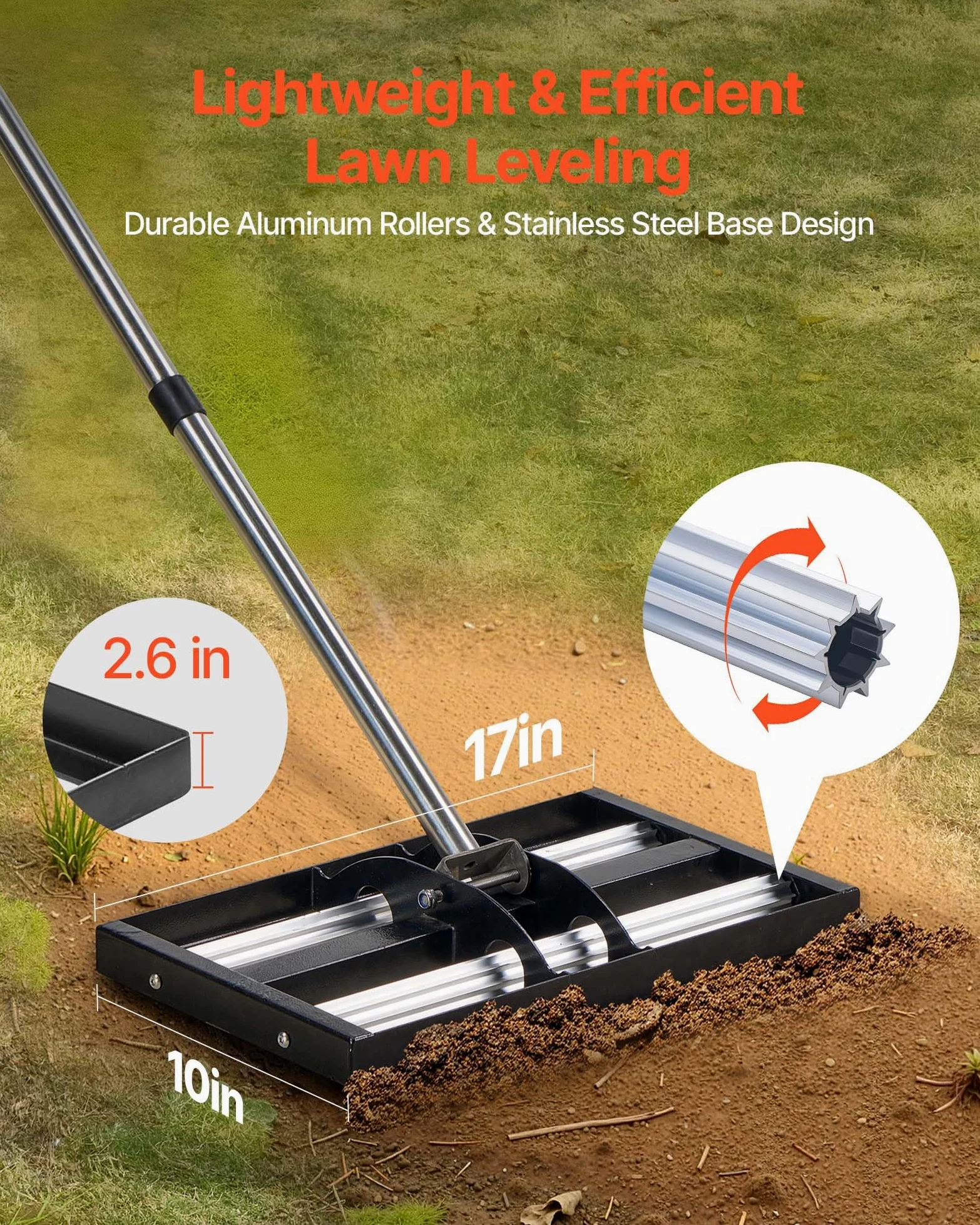 VEVOR Râteau de Nivellement de Pelouse avec Rouleaux 43,8x25,5 cm Niveleur de Gazon Acier Inoxydable, Outil de Nivellement pour Cour, Terrain de Golf, Jardin, avec Manche 161 cm Réglable en 4 Sections