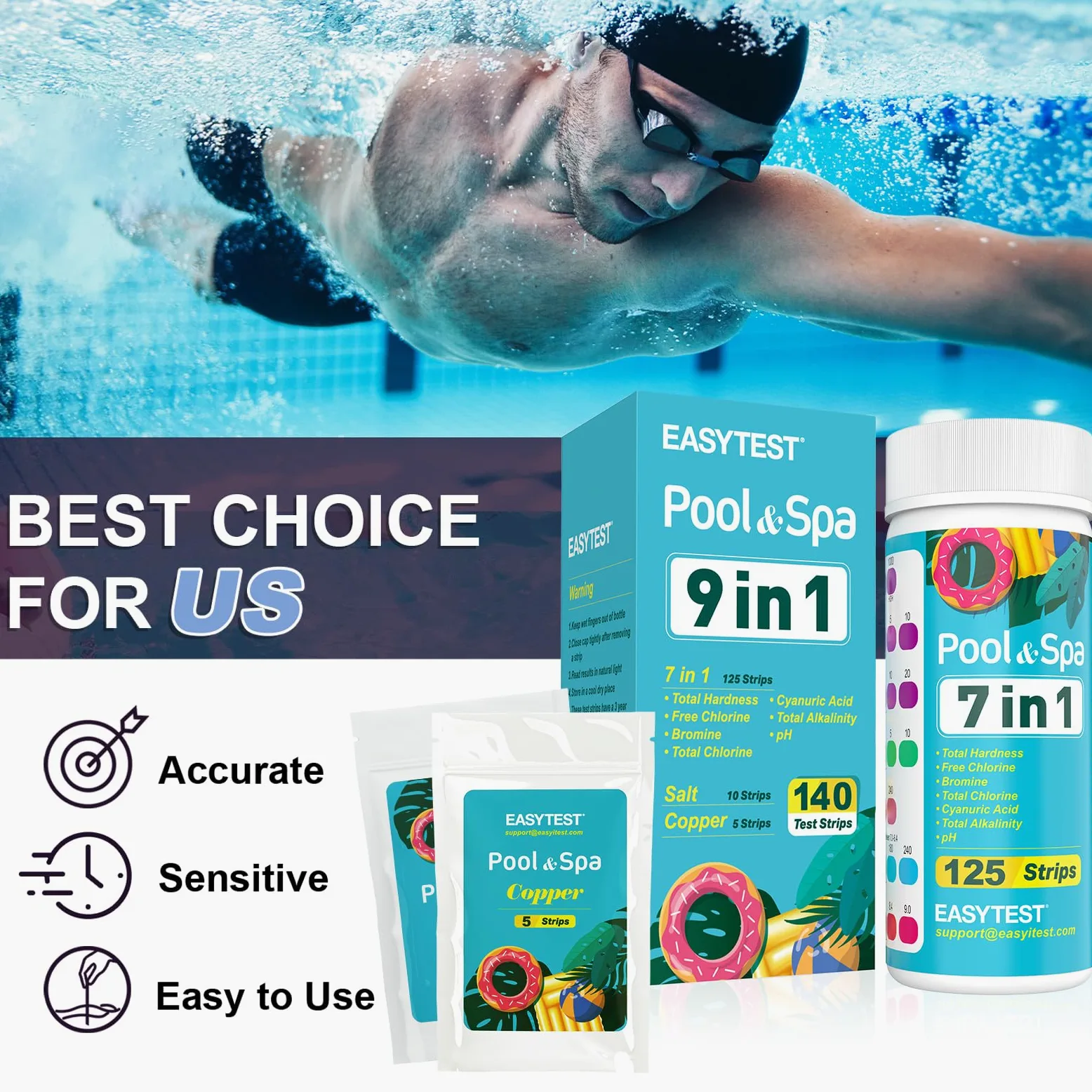 EASYTEST 140 bandelettes de test de piscine à 9 voies, jacuzzi et spa, pour le pH, le chlore total, le chlore libre, le brome, l'alcalinité, la dureté totale, l'acide cyanurique, le sel et le cuivre